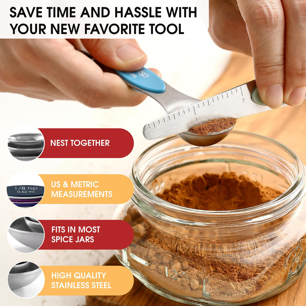 Spring Chef Stainless Steel Magnetic Measuring Spoons Set with Strong N45 Magnets, Heavy Duty Metal Kitchen Gadgets for Baking & Cooking, Fits in Most Kitchen Spice Jars, Set of 8 with Leveler, Black