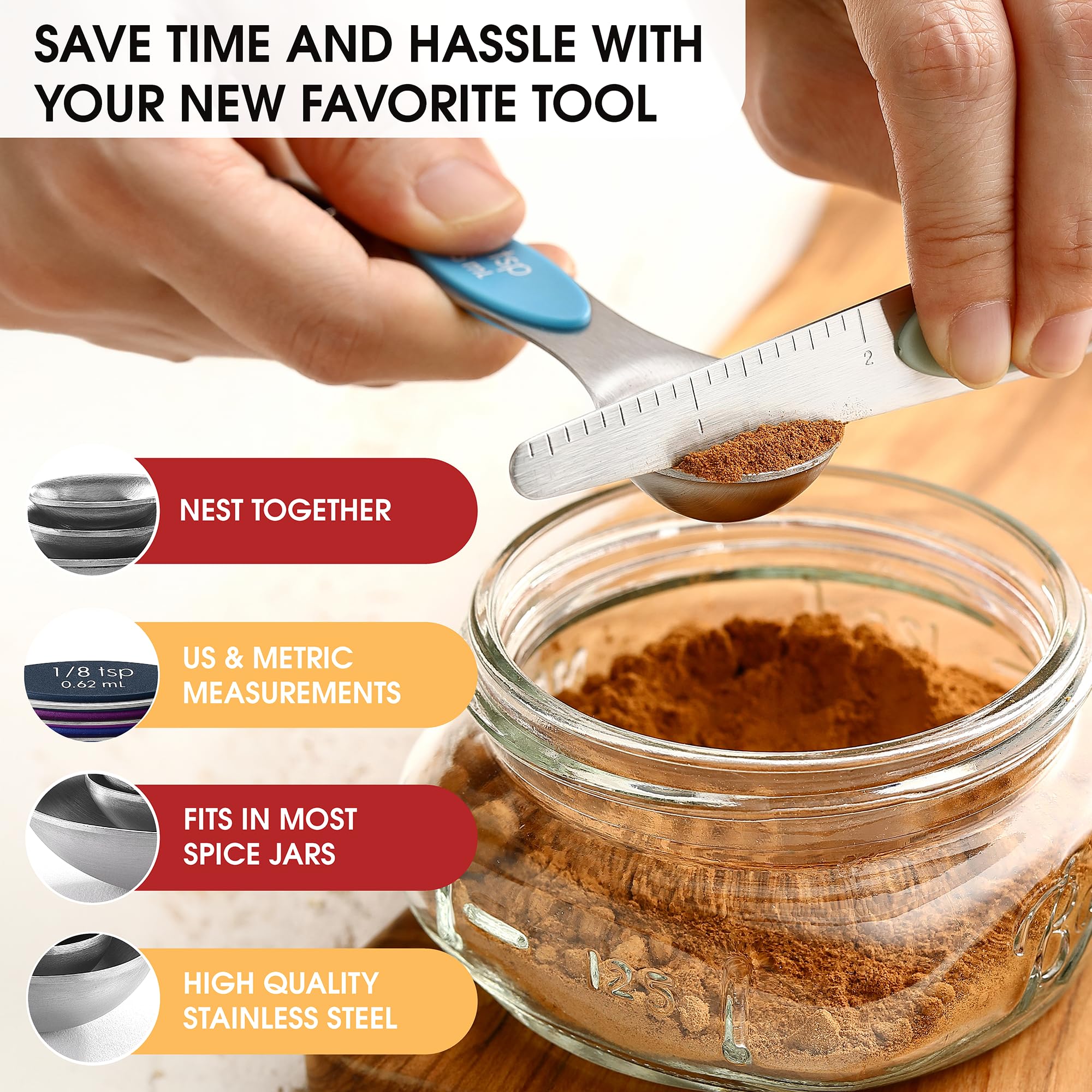 Spring Chef Stainless Steel Magnetic Measuring Spoons Set with Strong N45 Magnets, Heavy Duty Metal Kitchen Gadgets for Baking & Cooking, Fits in Most Kitchen Spice Jars, Set of 8 with Leveler, Black