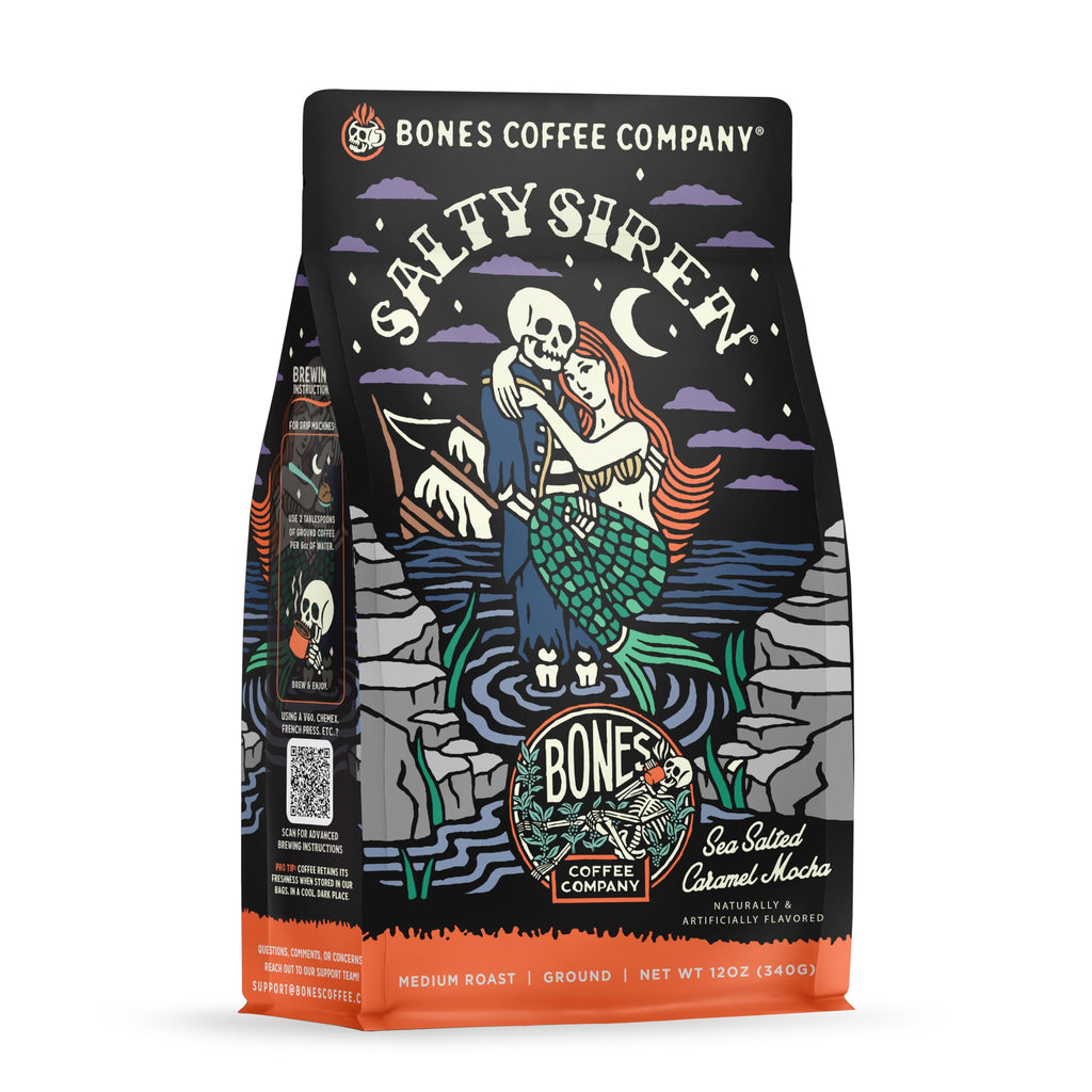 Bones Coffee Company Highland Grog, Butterscotch Caramel Flavored Coffee, Medium Roast Low Acid Arabica Beans Compatible with Auto drip and French Press Coffee Maker, 12 Oz Ground