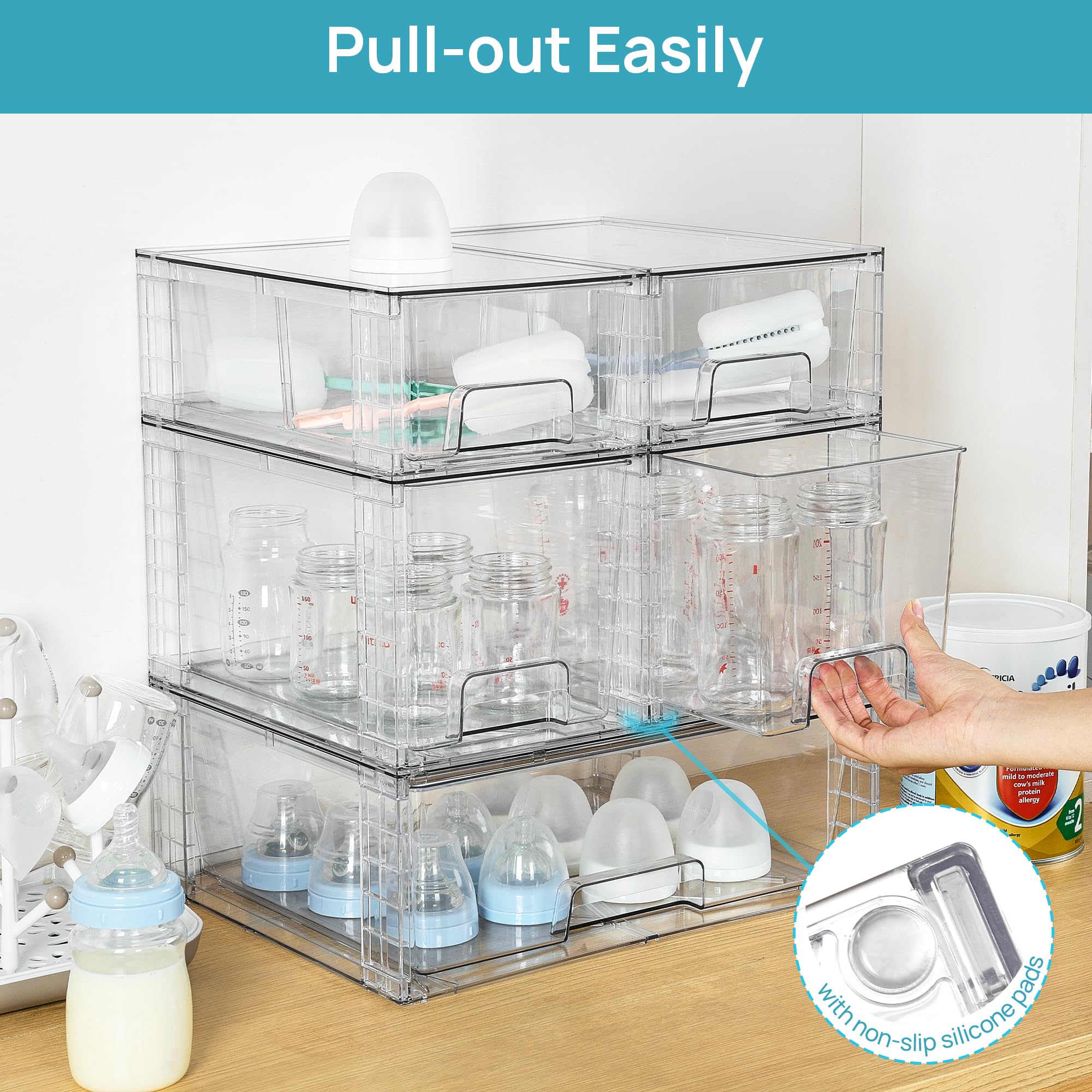 Vtopmart 3 Pack Stackable Storage Drawers, Easily Assemble Acrylic Bathroom Undersink Organizers,Clear Plastic Storage Bins for Closet,Cabinet,Pantry,Medicine Organization