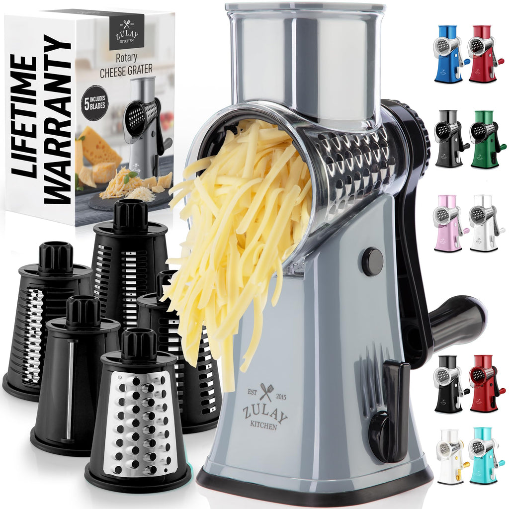 Zulay Kitchen Rotary Cheese Grater 5 Blade Cheese Shredder - Manual Hand Crank Cheese Grater With Reinforced Suction & 5 Interchangeable Drums - Easy to Use, Vegetable Chopper Round Mandoline Slicer