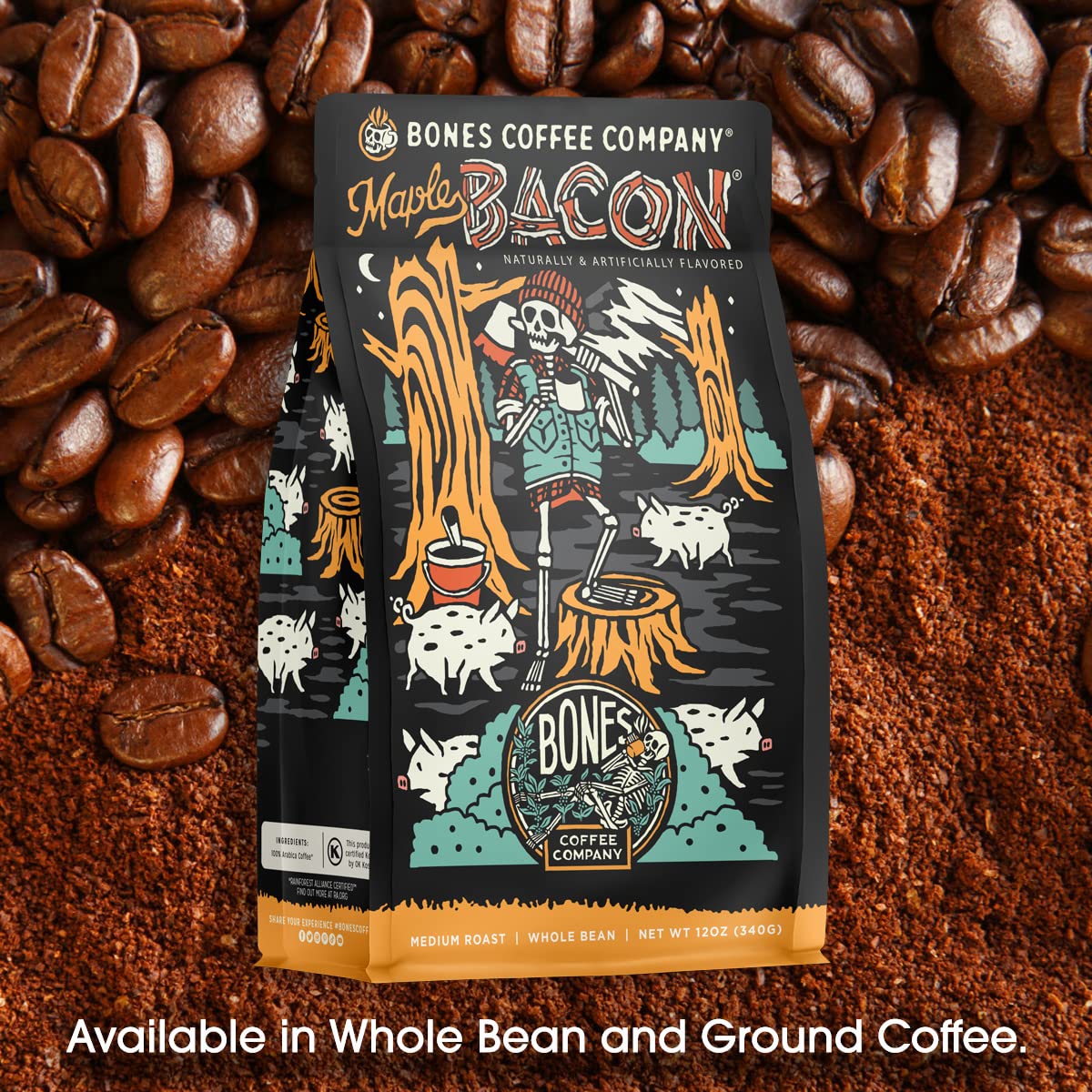 Bones Coffee Company Highland Grog, Butterscotch Caramel Flavored Coffee, Medium Roast Low Acid Arabica Beans Compatible with Auto drip and French Press Coffee Maker, 12 Oz Ground