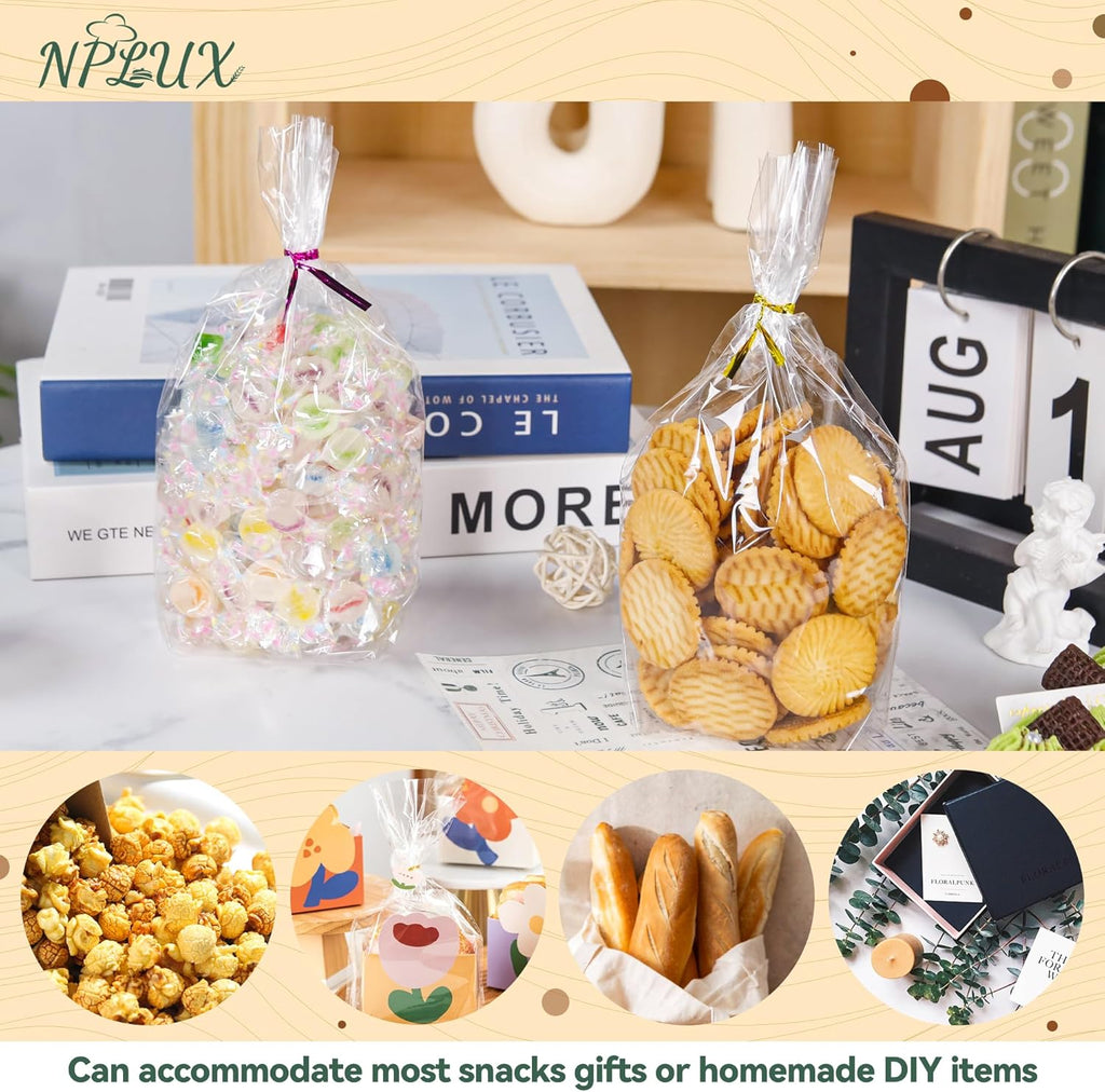 50 Pack Cellophane Bags, Clear Flat bottom Cellophane Treat Bags with 50 Pack Twist Ties for Candy Popcorn Cookie Small Gift Wrapping(6×9×2.4 Inches)