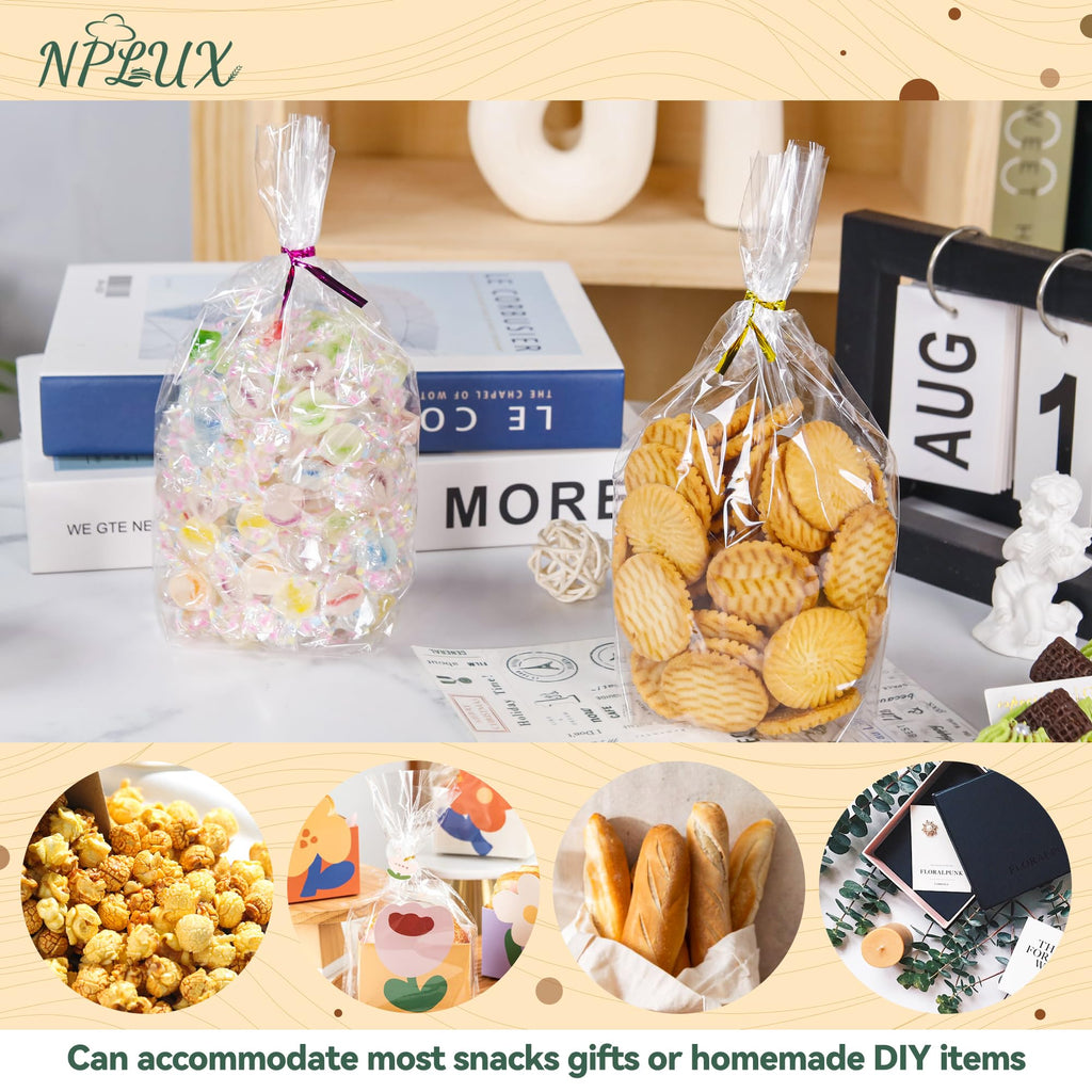 NPLUX 100 Pack Cellophane Bags Clear Flat Bottom Cellophane Treat Bags Gusseted with 100 Pack Twist Ties for Candy Popcorn Cookie Small Gift Wrapping(6×9×2.4 Inches)