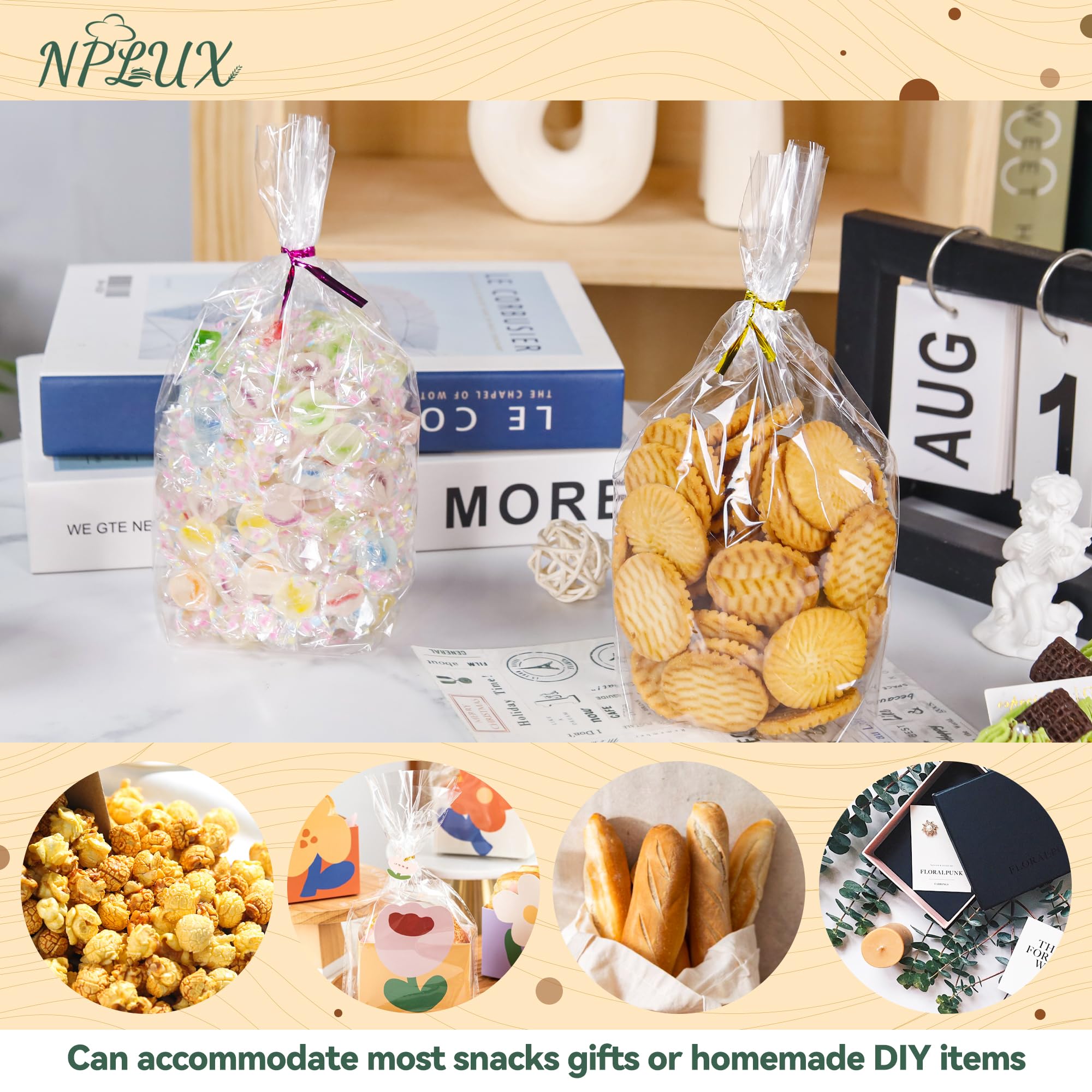 NPLUX 100 Pack Cellophane Bags Clear Flat Bottom Cellophane Treat Bags Gusseted with 100 Pack Twist Ties for Candy Popcorn Cookie Small Gift Wrapping(6×9×2.4 Inches)