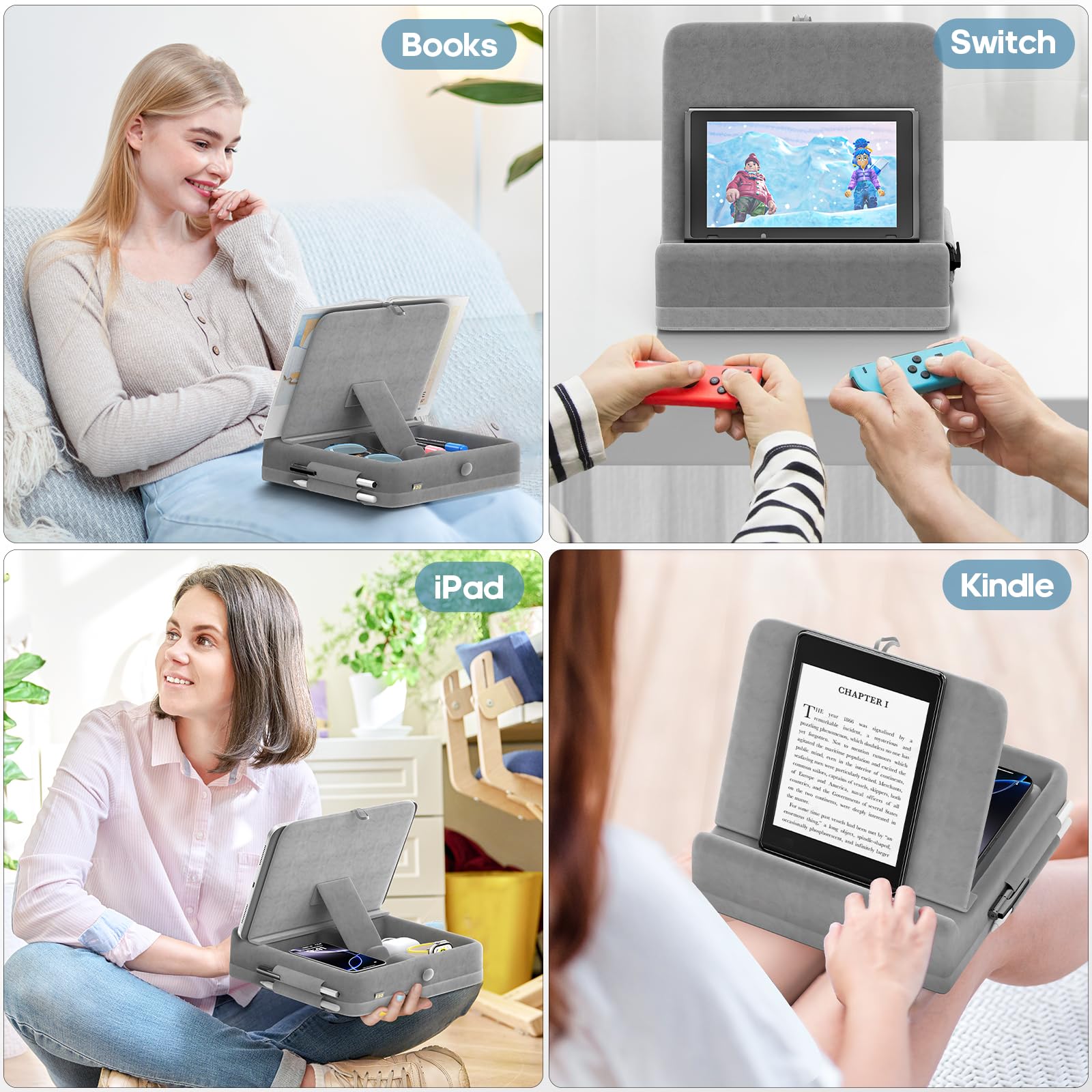 KDD Tablet Pillow Stand with Storage, Foldable iPad Holder for Bed, Lap and Desk, Angle Adjustable Soft Pad Dock with Stylus Mount Compatible with Ipad Pro 12.9, 10.5, 11, Air, Mini, Phones, Books