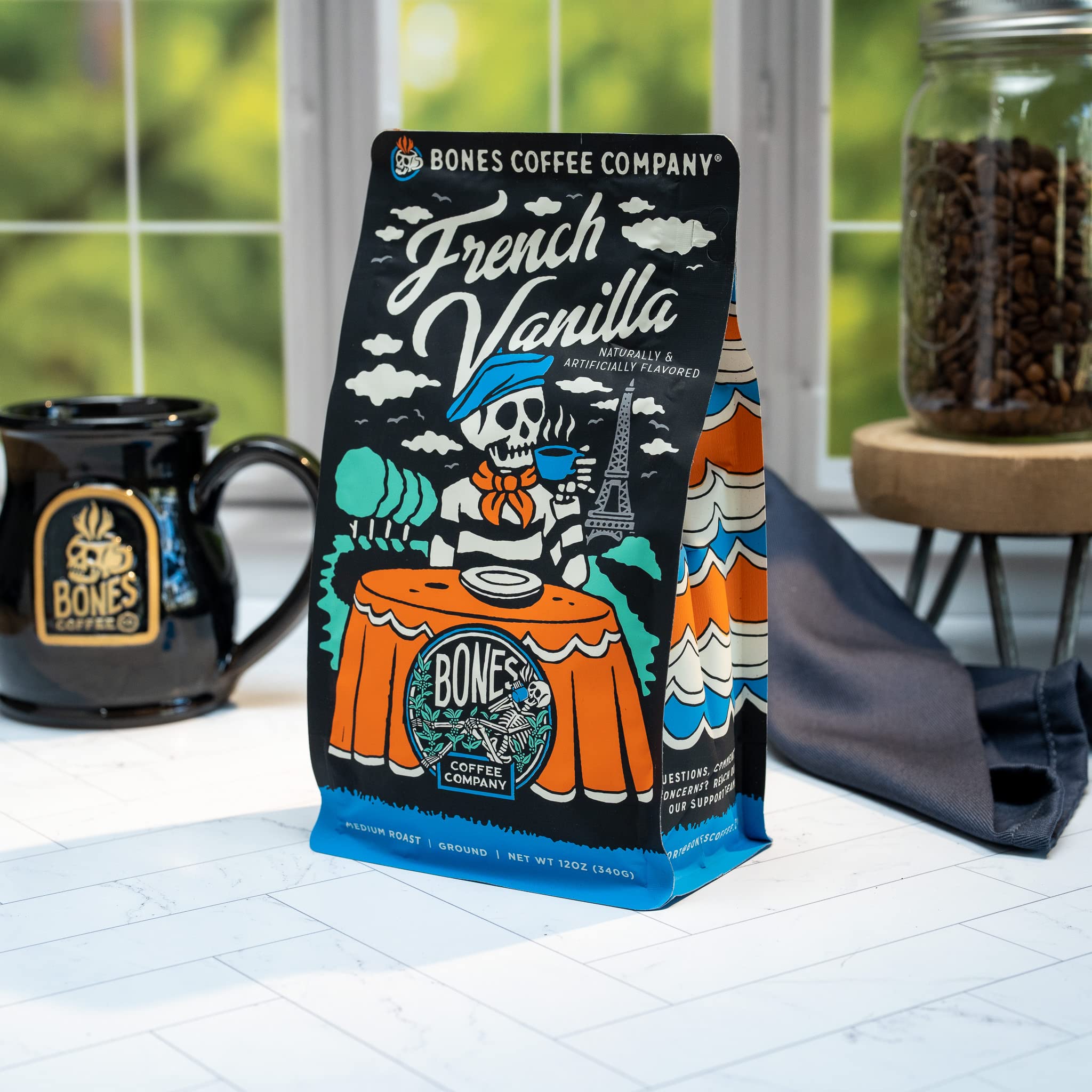 Bones Coffee Company Highland Grog, Butterscotch Caramel Flavored Coffee, Medium Roast Low Acid Arabica Beans Compatible with Auto drip and French Press Coffee Maker, 12 Oz Ground