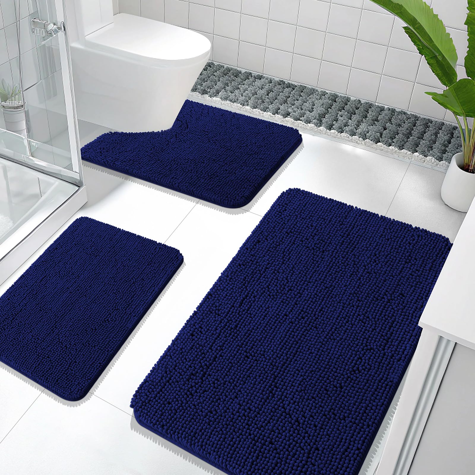 OLANLY Bathroom Rugs Sets 3 Piece, Soft Absorbent Chenille Bath Mats and U-Shaped Contour Toilet Rug, Quick Dry, Home Decor Accessories, Bath Mat Set for Bathroom (30"x20"+24"x16"+24"x20", Grey)