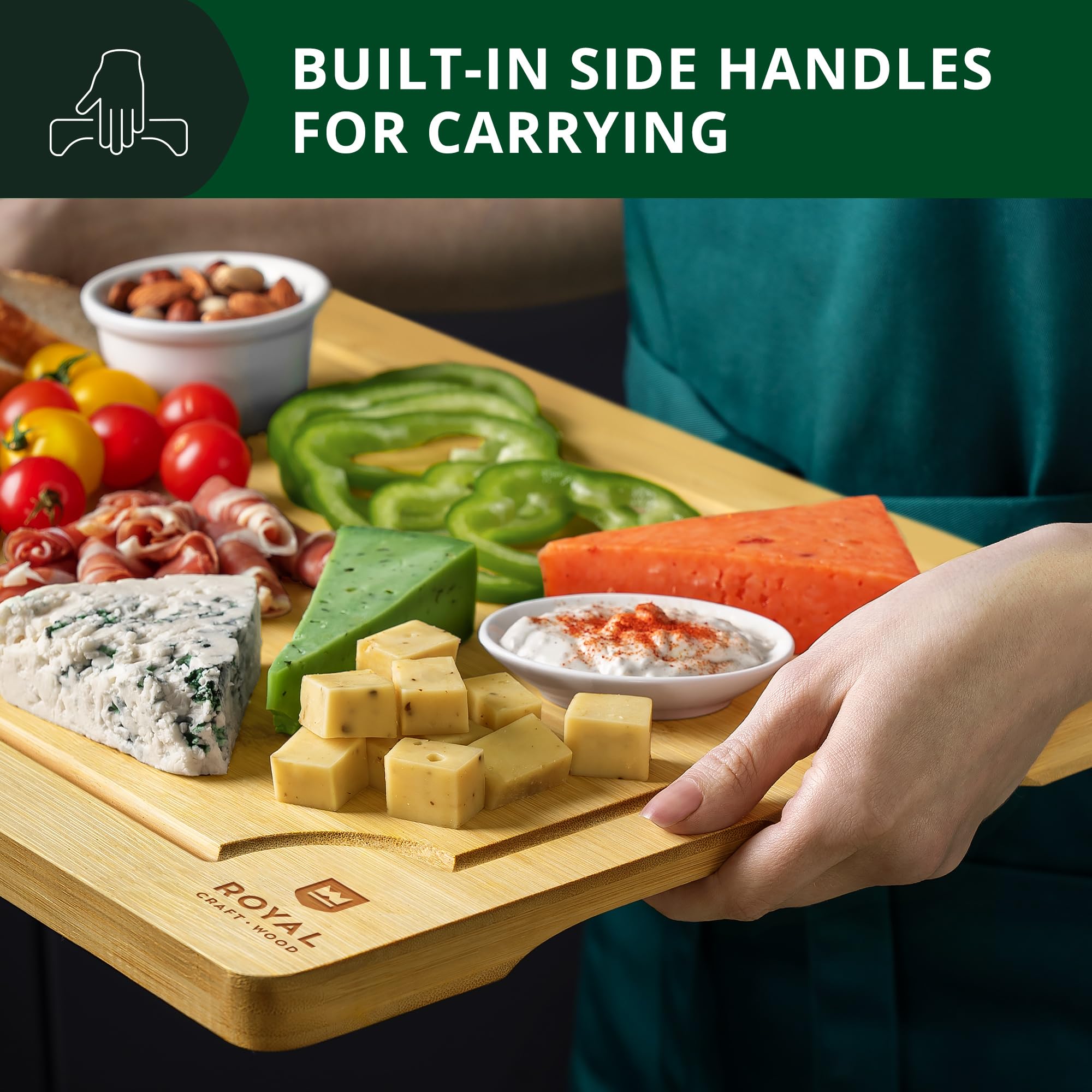 ROYAL CRAFT WOOD Organic Bamboo Cutting Board with Juice Groove - Kitchen Chopping Board for Meat (Butcher Block) Cheese and Vegetables