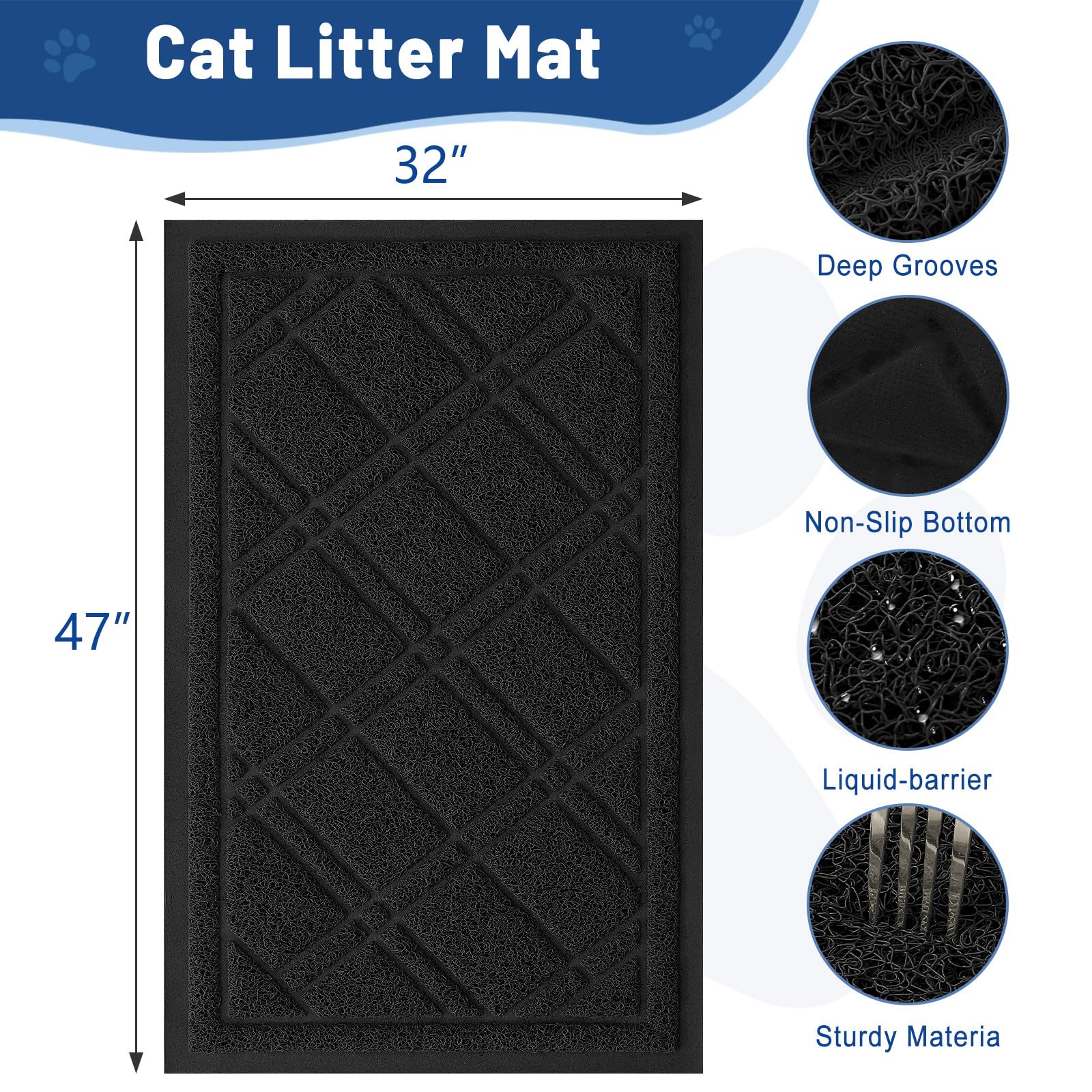 Smiry Cat Litter Box Mat 30x17, Non-Slip Water Resistant Litter Trapping Mat, Easy Clean Less Waste and Urine-Locking Cat Carpet for Indoor, Grey