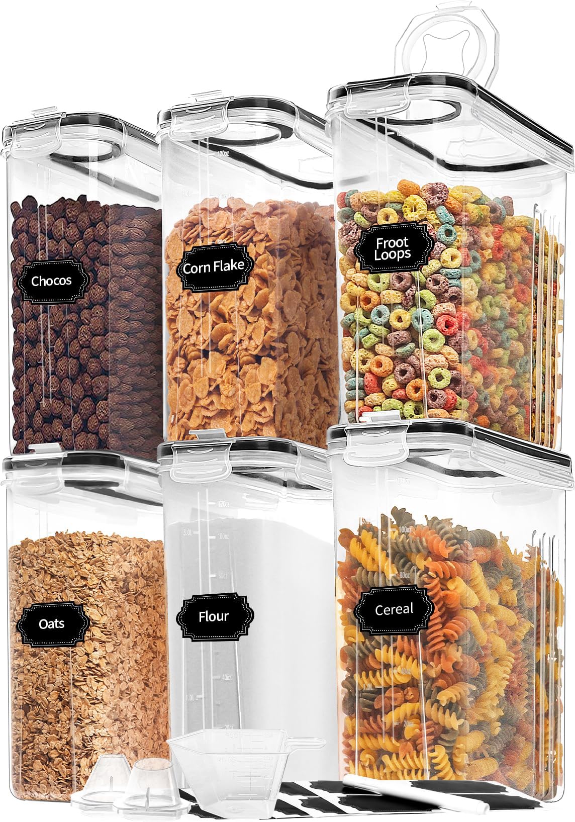 Skroam 4PCS Cereal Containers Storage [4L/135.2 oz], Airtight Food Storage Containers with Pour Spout for Kitchen & Pantry Organization Storage, Plastic Cereal Dispensers, Measuring Cup & 20 Labels