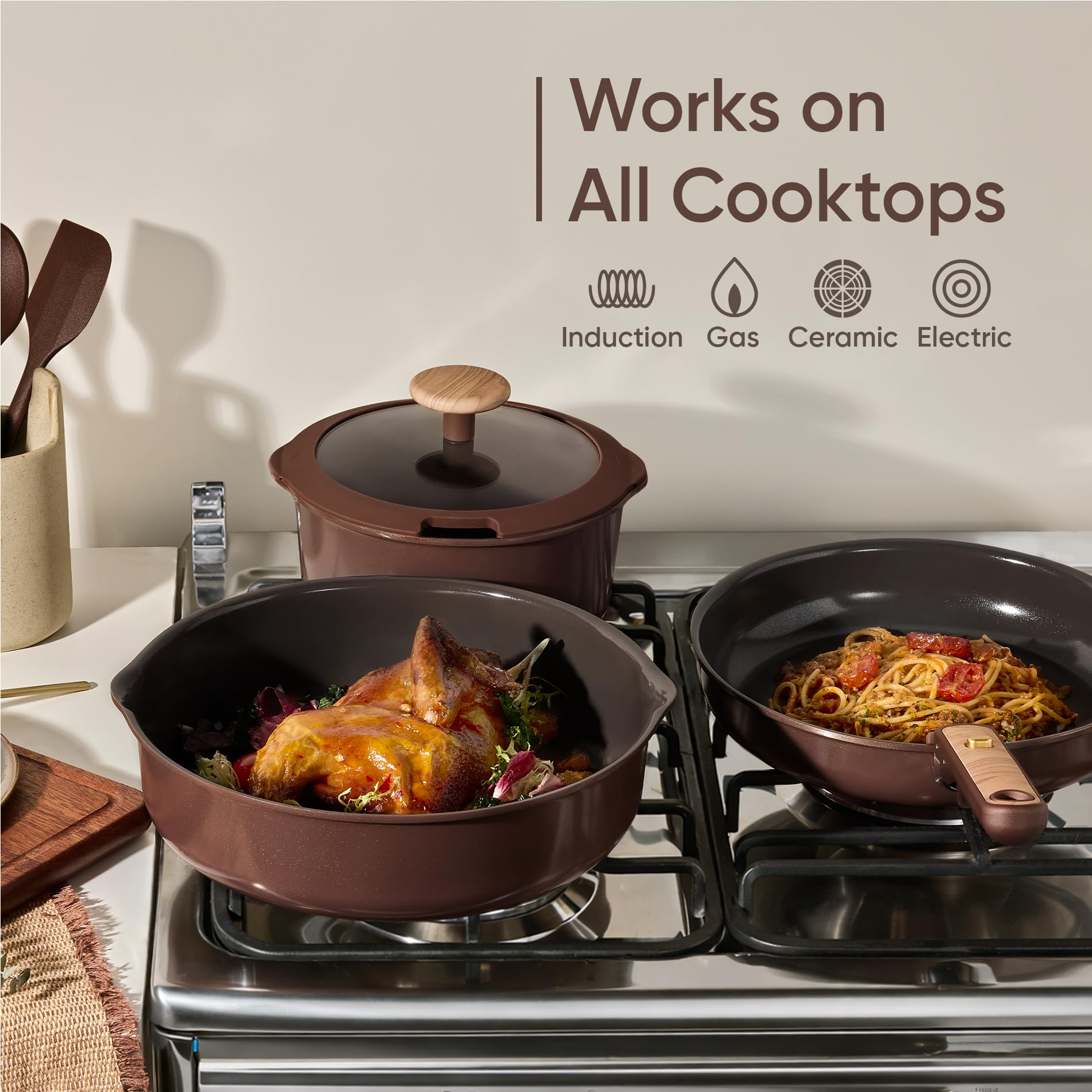 CAROTE 19PCS Ceramic Nonstick Cookware Set, Pots and Pans Set with Detachable Handle, PFAS-Free Non-Toxic, Induction & Oven Safe, Stackable Space-Saving, Dark Choco