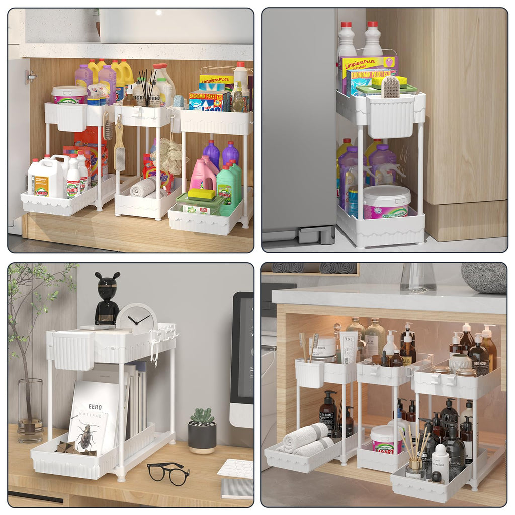 3 Pack Under Sink Organizers, 2-Tier Multi-Use Kitchen and Bathroom Organizers and Storage with Sliding Drawers，Bathroom Cabinet Organizer (Black, 12.8 Inch)