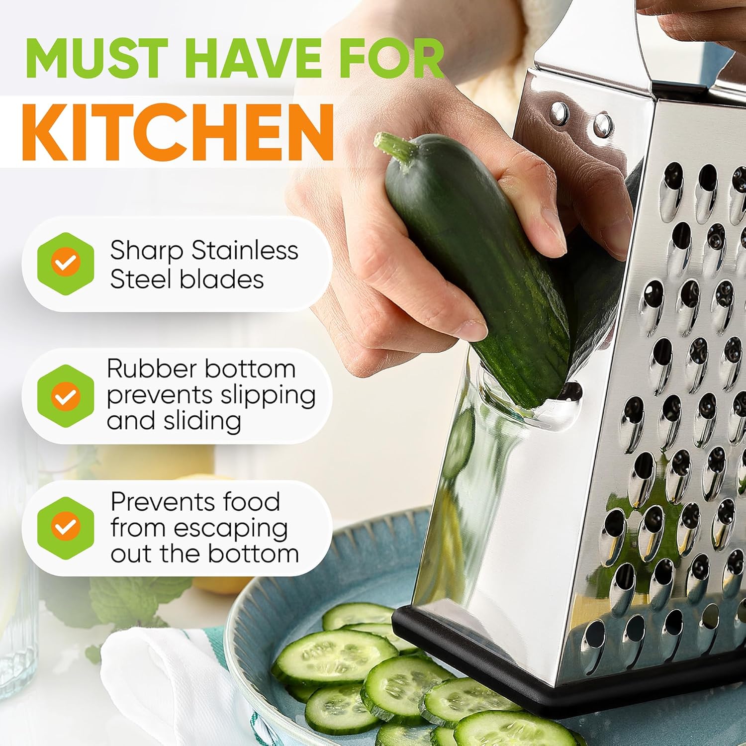 Spring Chef Professional Large Parmesan Cheese Grater, Stainless Steel Metal Box Grater with Handle, 4 Sided Handheld Kitchen Food Shredder for Cheese, Carrot, Veggie, Ginger, Potato - Dishwasher Safe