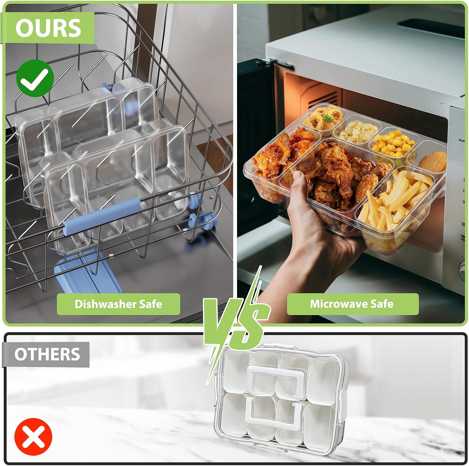 Freshmage Snackle Box Container - 2 Pack, 7 Compartment Divided Serving Tray with Lid, Portable Clear Snack Box Containers for Candy, Fruits, Nuts, and Snacks – Perfect for Travel, Parties, Picnics