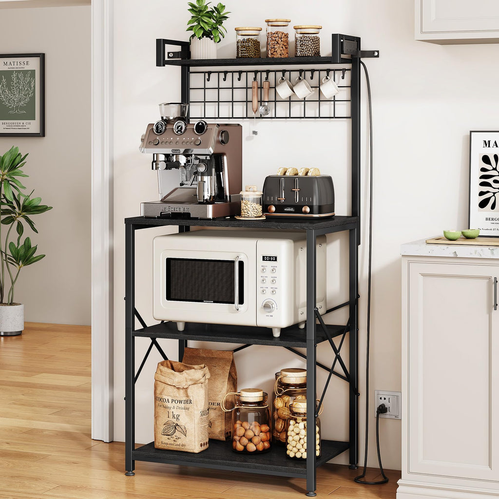 SNTD Bakers Rack with Power Outlet, Kitchen Shelves Microwave Stand with Wire Grid and 10 Hooks, 4 Tiers Coffee Stand (Rustic Brown, 23.5 x 15.6 x 52.8 Inches)