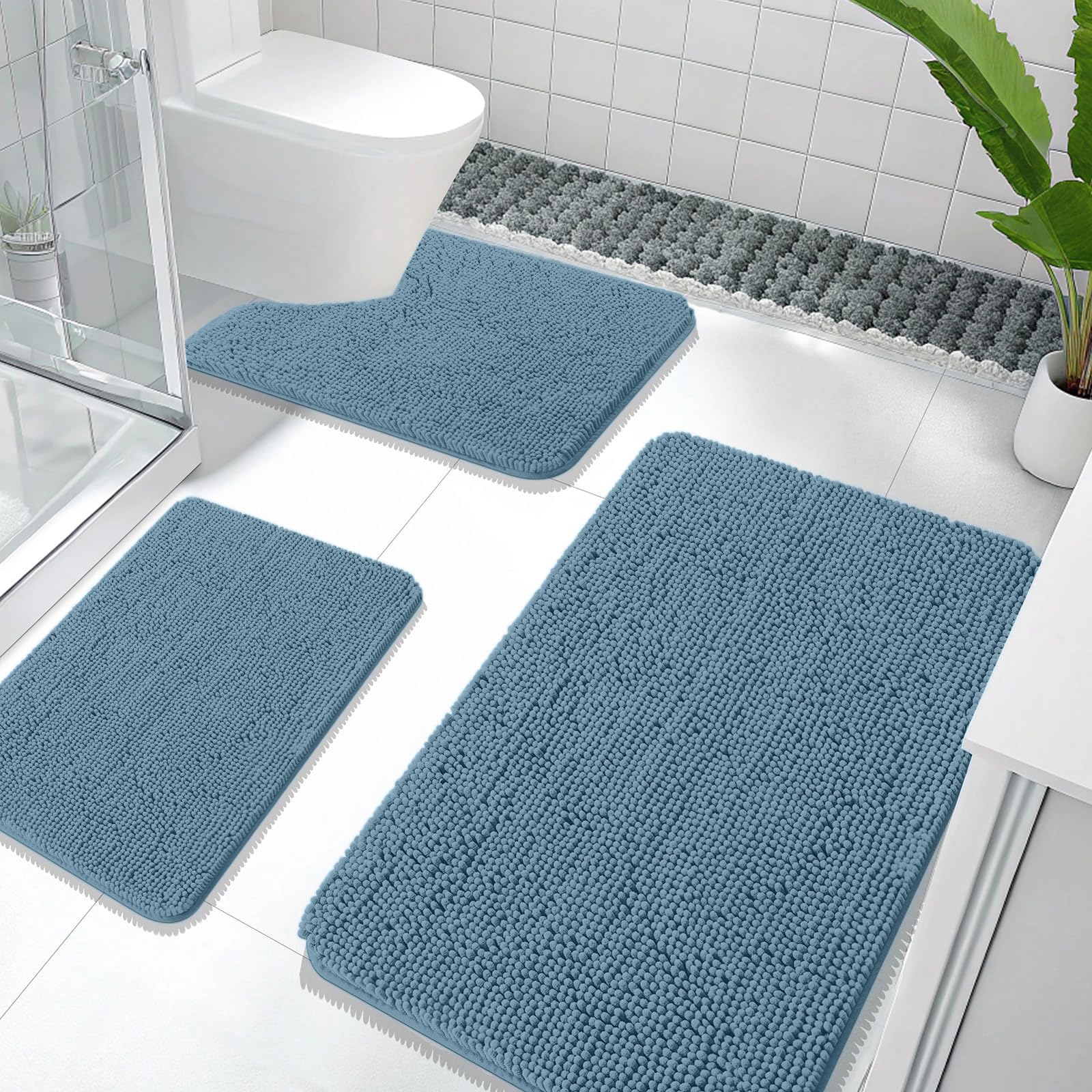OLANLY Bathroom Rugs Sets 3 Piece, Soft Absorbent Chenille Bath Mats and U-Shaped Contour Toilet Rug, Quick Dry, Home Decor Accessories, Bath Mat Set for Bathroom (30"x20"+24"x16"+24"x20", Grey)