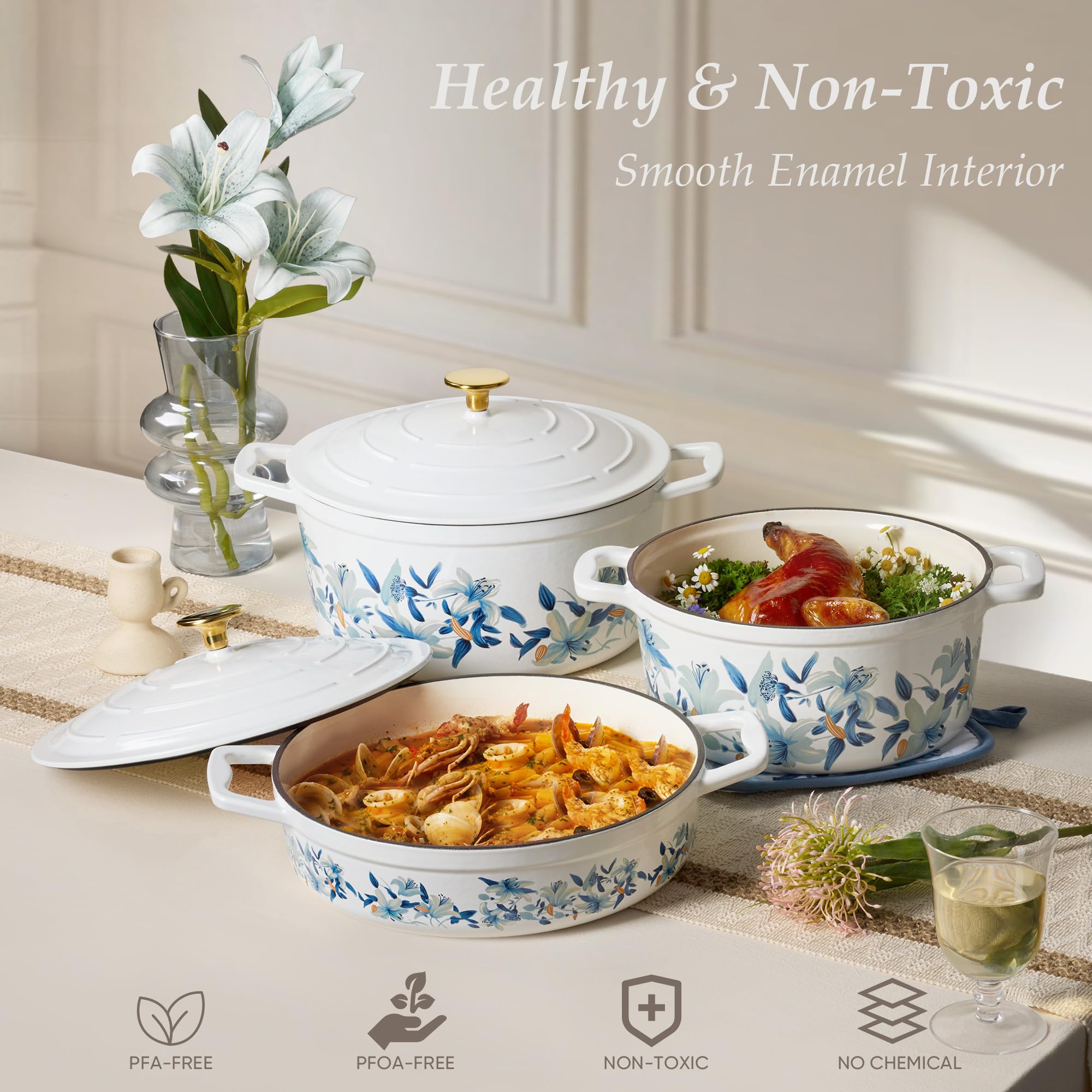 CAROTE 5 QT Cast Iron Dutch Oven Pot with Lid, Enameled Floral Dutch Ovens with Cotton Potholders & Oven Gloves, Gift Box, Cast Iron Pot for Sourdough Bread Baking, Braising, Stews, Roasting, Dual Handles, All Stovetop Compatible, Oven Safe up to 500° F,