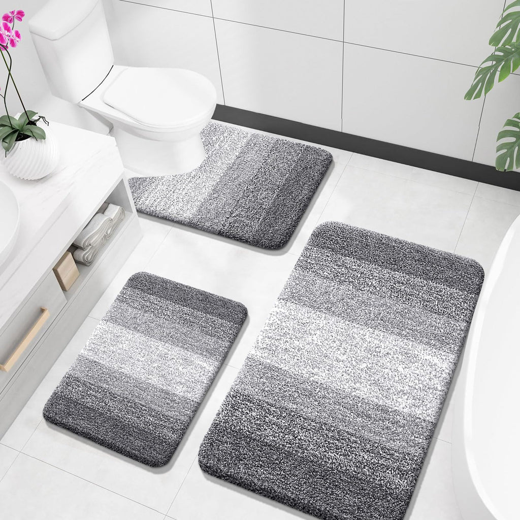 OLANLY Bathroom Rugs Sets 3 Piece, Soft Absorbent Microfiber Bath Mats and U-Shaped Contour Toilet Rug, Machine Wash Dry, Plush Shaggy Bath Mat Set for Bathroom (30"x20"+24"x16"+24"x20", Grey)