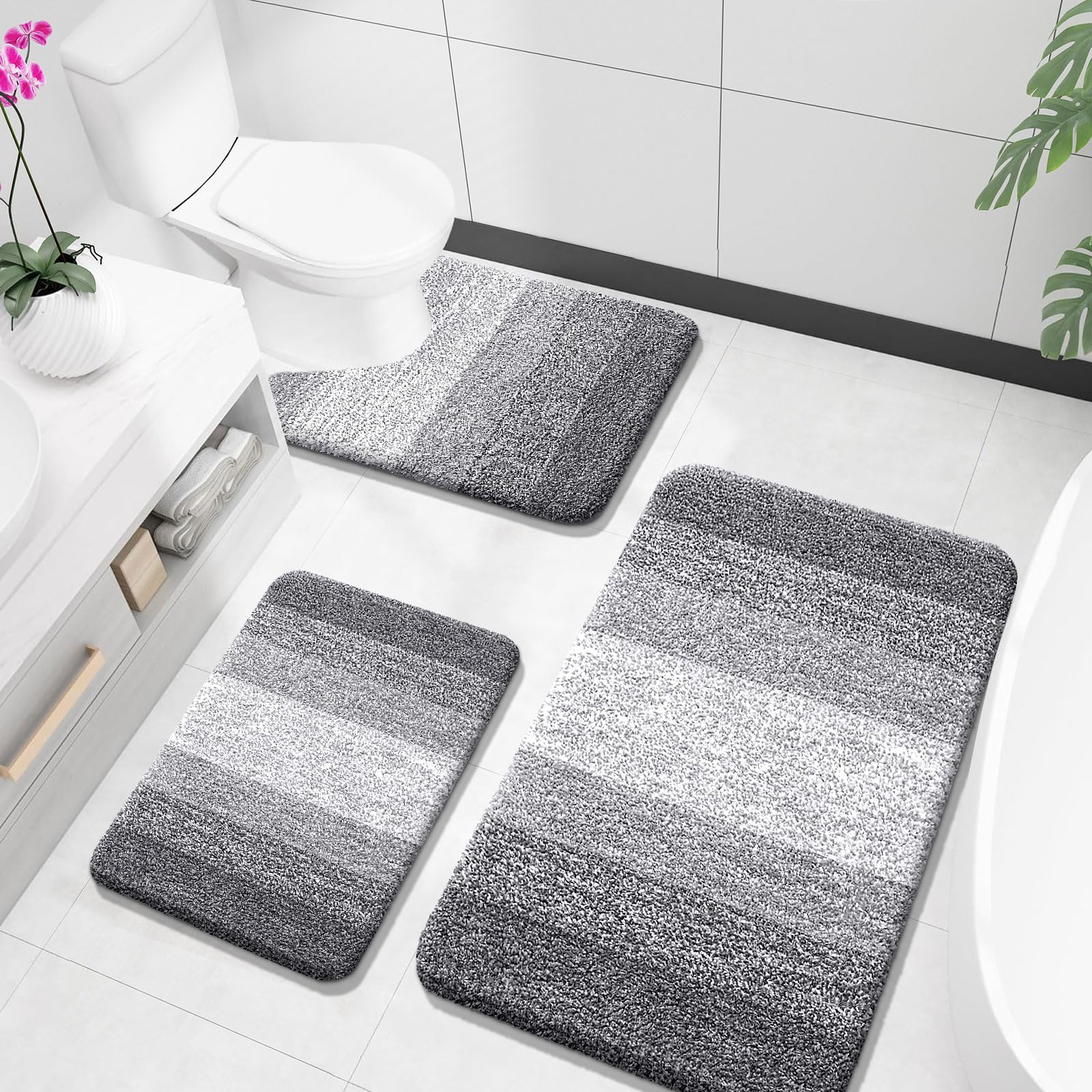 OLANLY Bathroom Rugs Sets 3 Piece, Soft Absorbent Microfiber Bath Mats and U-Shaped Contour Toilet Rug, Machine Wash Dry, Plush Shaggy Bath Mat Set for Bathroom (30"x20"+24"x16"+24"x20", Grey)