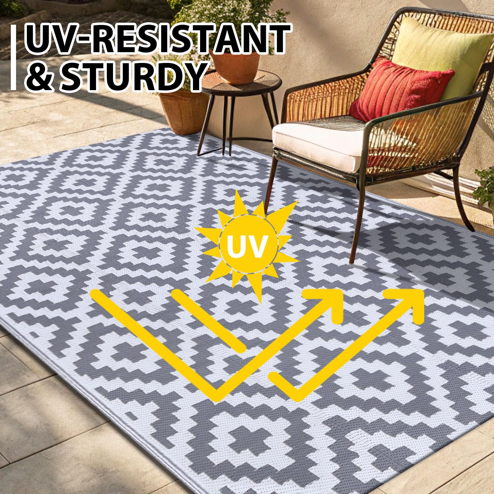 Smiry Waterproof Outdoor Rug 5x8 ft, Reversible Plastic Straw Patio Camping Rugs, Outdoor Indoor RV Mat Carpet for Patio, Outside Entry, Backyard, Deck, Bench, Picnic, Camper, Black & Beige