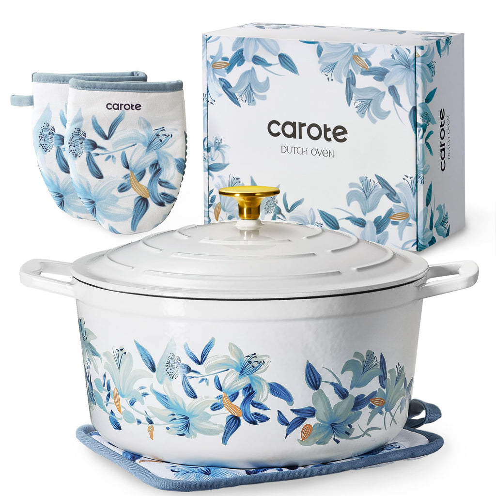 CAROTE 5 QT Cast Iron Dutch Oven Pot with Lid, Enameled Floral Dutch Ovens with Cotton Potholders & Oven Gloves, Gift Box, Cast Iron Pot for Sourdough Bread Baking, Braising, Stews, Roasting, Dual Handles, All Stovetop Compatible, Oven Safe up to 500° F,