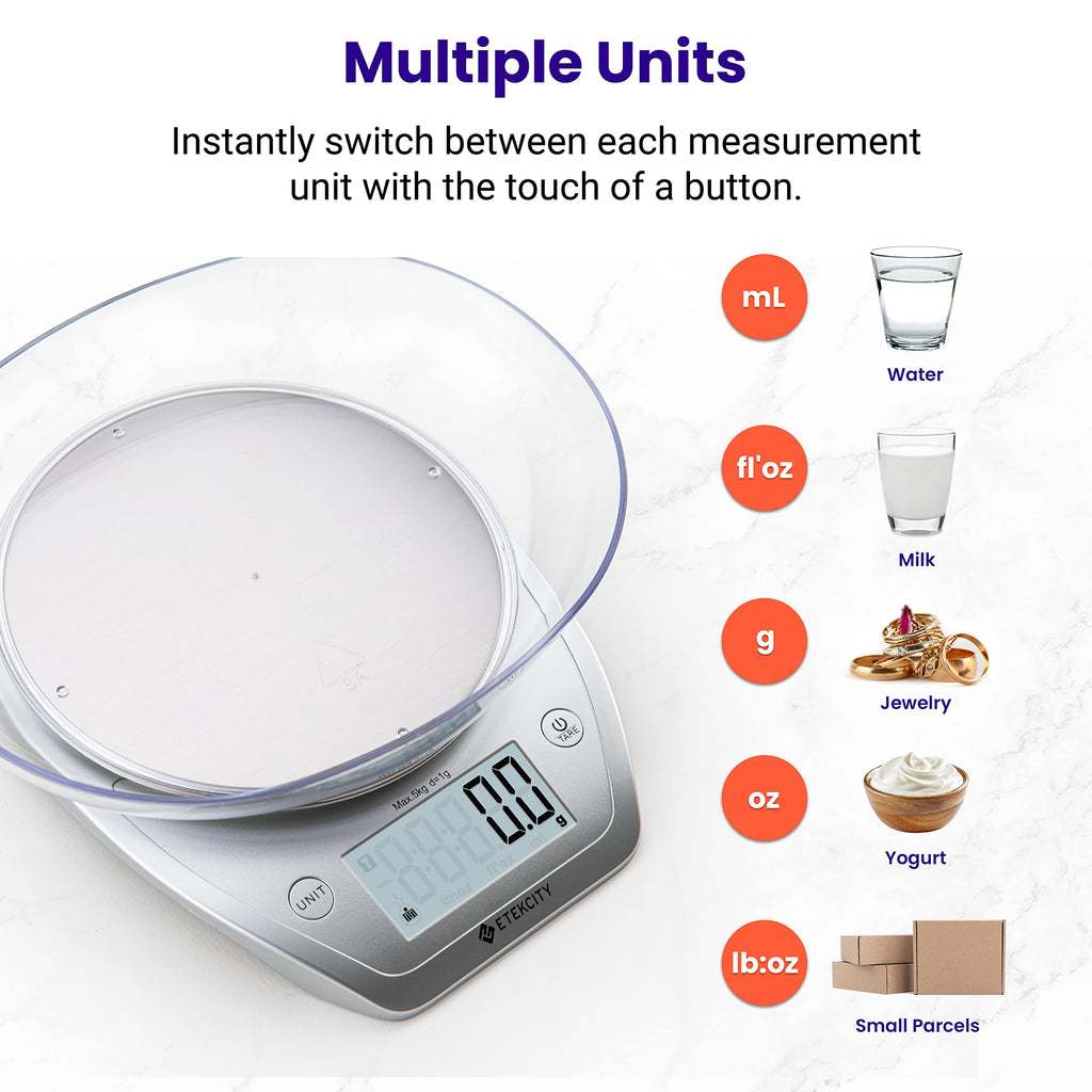 Etekcity 0.1g Food Kitchen Scale, Bowl, Digital Grams and Ounces for Weight Loss, Dieting, Baking, Cooking, and Meal Prep, 11lb/5kg, Stainless Steel Silver