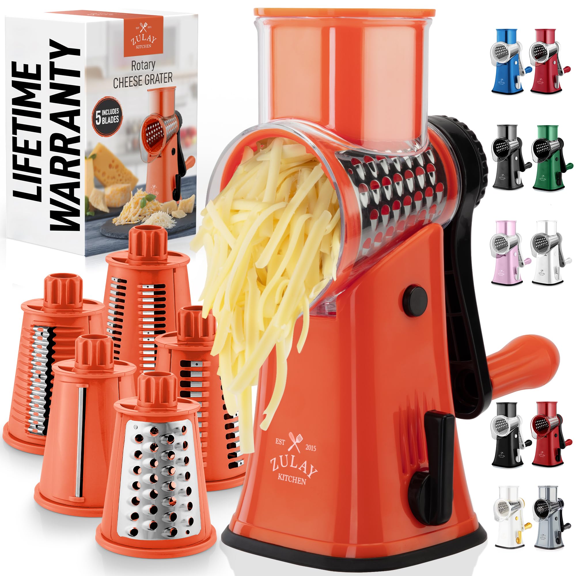 Zulay Kitchen Rotary Cheese Grater 5 Blade Cheese Shredder - Manual Hand Crank Cheese Grater With Reinforced Suction & 5 Interchangeable Drums - Easy to Use, Vegetable Chopper Round Mandoline Slicer