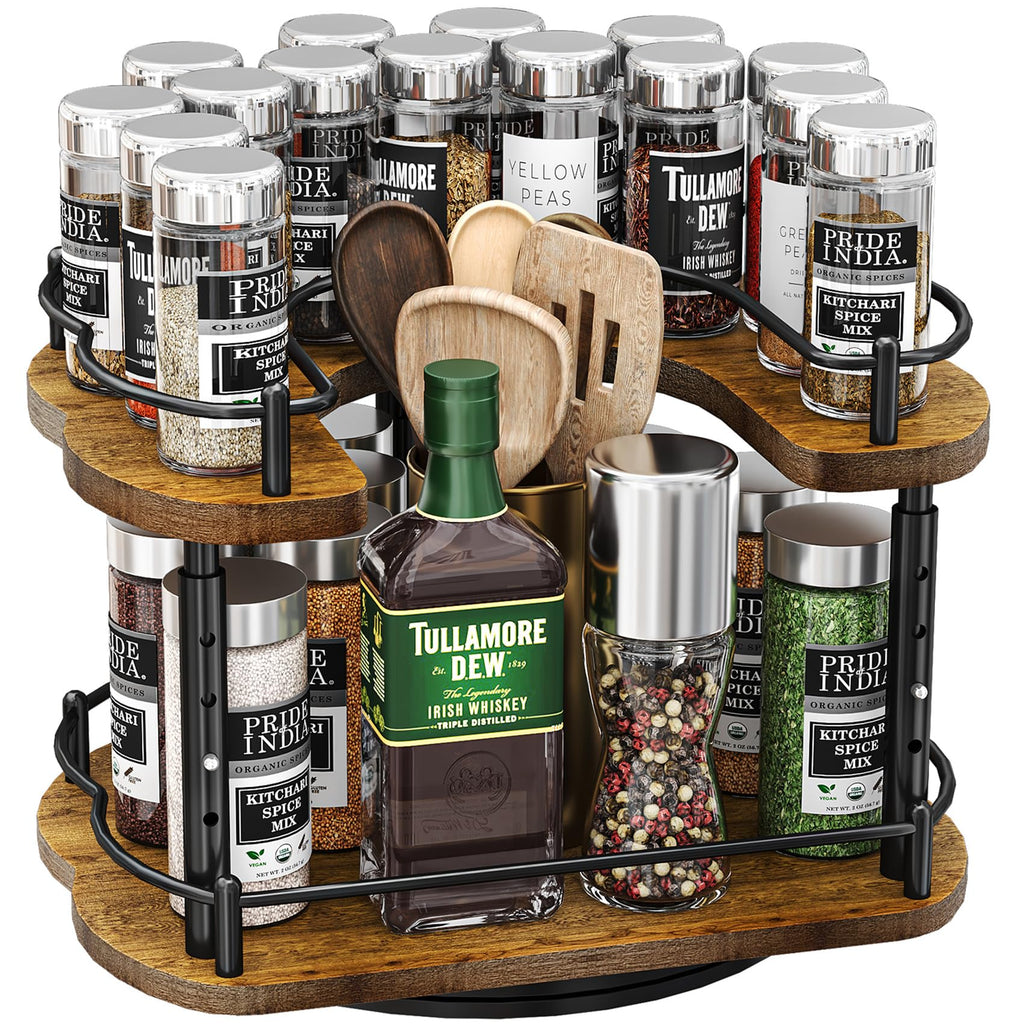Lazy Susan Organizer Spice Rack - Spice Organization for Cabinet Height Adjustable Rotating Lazy Turntable, Pantry Kitchen Wood Revolving Seasoning Organizer (12 Inch)