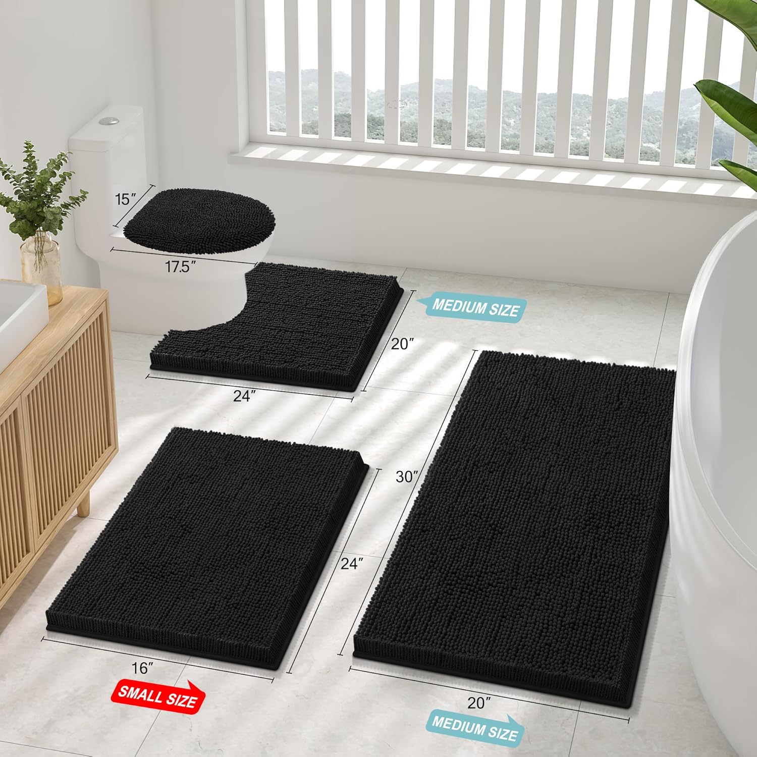 Smiry Bathroom Rugs Sets 2 Piece, Soft Absorbent Chenille Machine Washable Non Slip Shaggy Bath Rug Set for Tub, Shower, and Floor (30x20+24x16, Black)