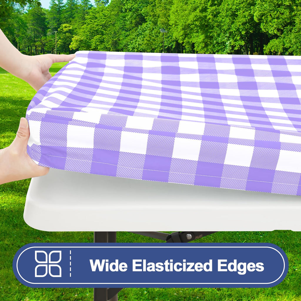 Smiry Picnic Table Cover with Bench Covers, Waterproof Elastic Fitted Tablecloths for 6 Foot Rectangle Tables, Washable Buffalo Plaid Tablecloth for Camping, Outdoor (Black & White, 30"x72")