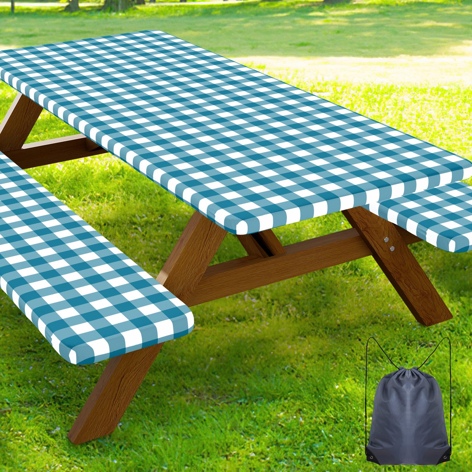 Smiry Picnic Table Cover with Bench Covers, Waterproof Elastic Fitted Tablecloths for 6 Foot Rectangle Tables, Washable Buffalo Plaid Tablecloth for Camping, Outdoor (Black & White, 30"x72")