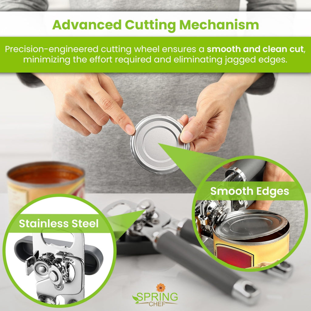 Spring Chef Stainless Steel Can Opener - Manual with Soft Grip Handles, Easy Turn, Heavy Duty Hand Can Openers for Seniors with Smooth Edge - Magnetic Lid Remover - Black