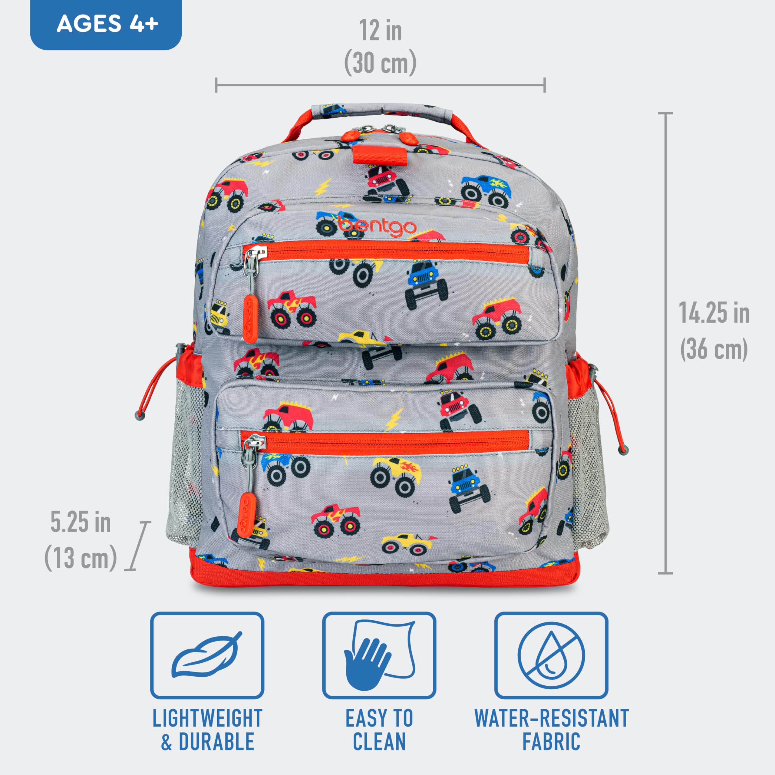 Bentgo Kids Backpack - Lightweight 14” Backpack in Fun Prints for School, Travel, & Daycare, Ideal for Ages 4+, Roomy Interior, Durable & Water-Resistant Fabric, & Loop for Lunch Bag (Trucks)