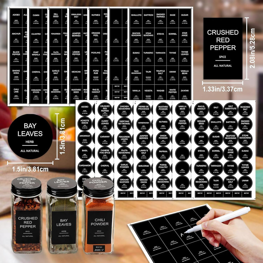 AISIPRIN 24 Pcs Glass Spice Jars with 398 Labels, 4oz Empty Square Spice Containers Seasoning Bottles - Shaker Lids, Funnel, Brush and Marker Included(Black Metal Caps)