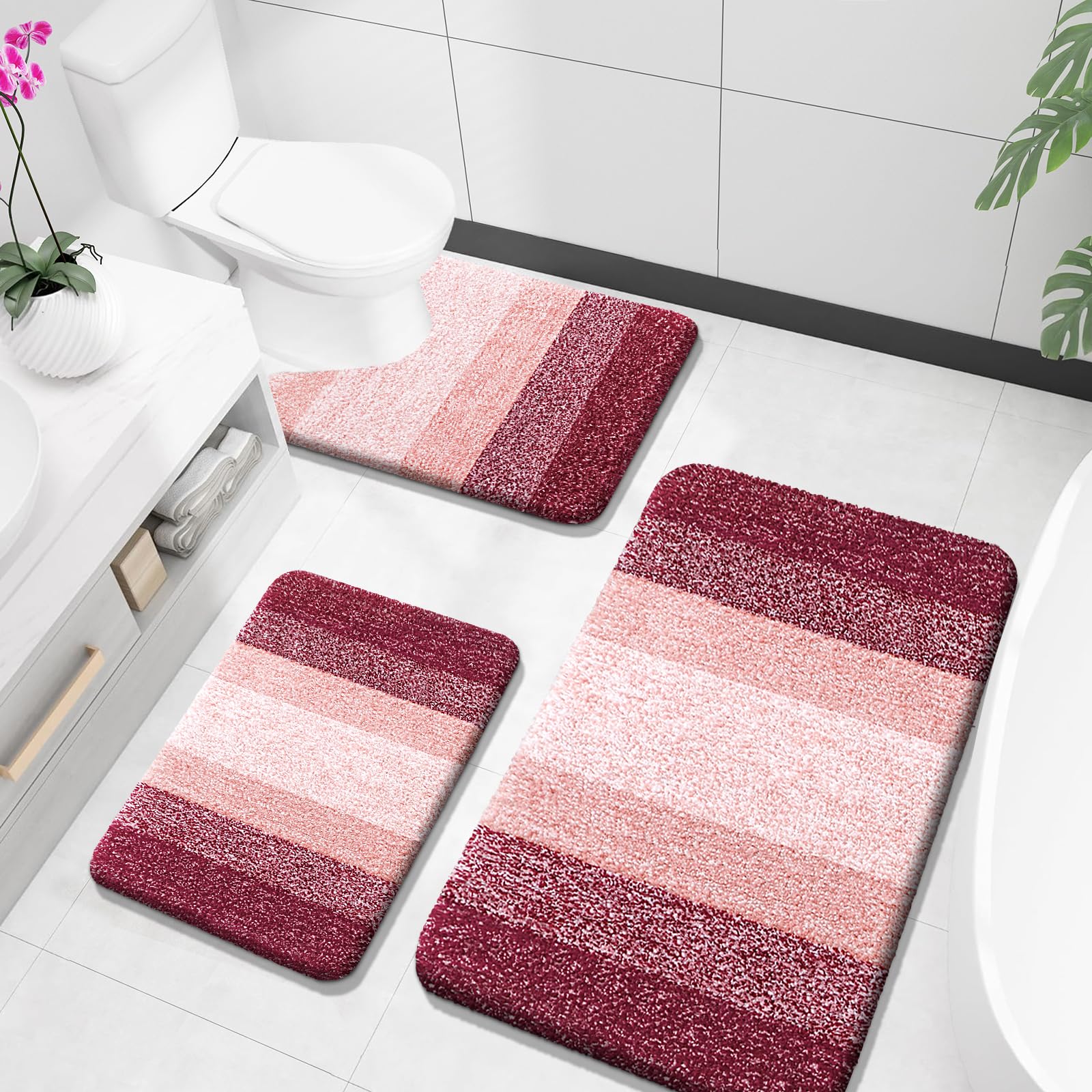 OLANLY Bathroom Rugs Sets 3 Piece, Soft Absorbent Microfiber Bath Mats and U-Shaped Contour Toilet Rug, Machine Wash Dry, Plush Shaggy Bath Mat Set for Bathroom (30"x20"+24"x16"+24"x20", Grey)