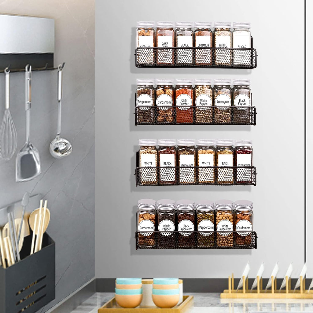 Churboro Magnetic Spice Rack for Refrigerator with Spice Jars- Includes 24 Pcs 4 OZ Seasoning Containers with Labels, 4 Space-Saving Magnetic Shelf for fridge- Perfect for Small Kitchens, Apartments
