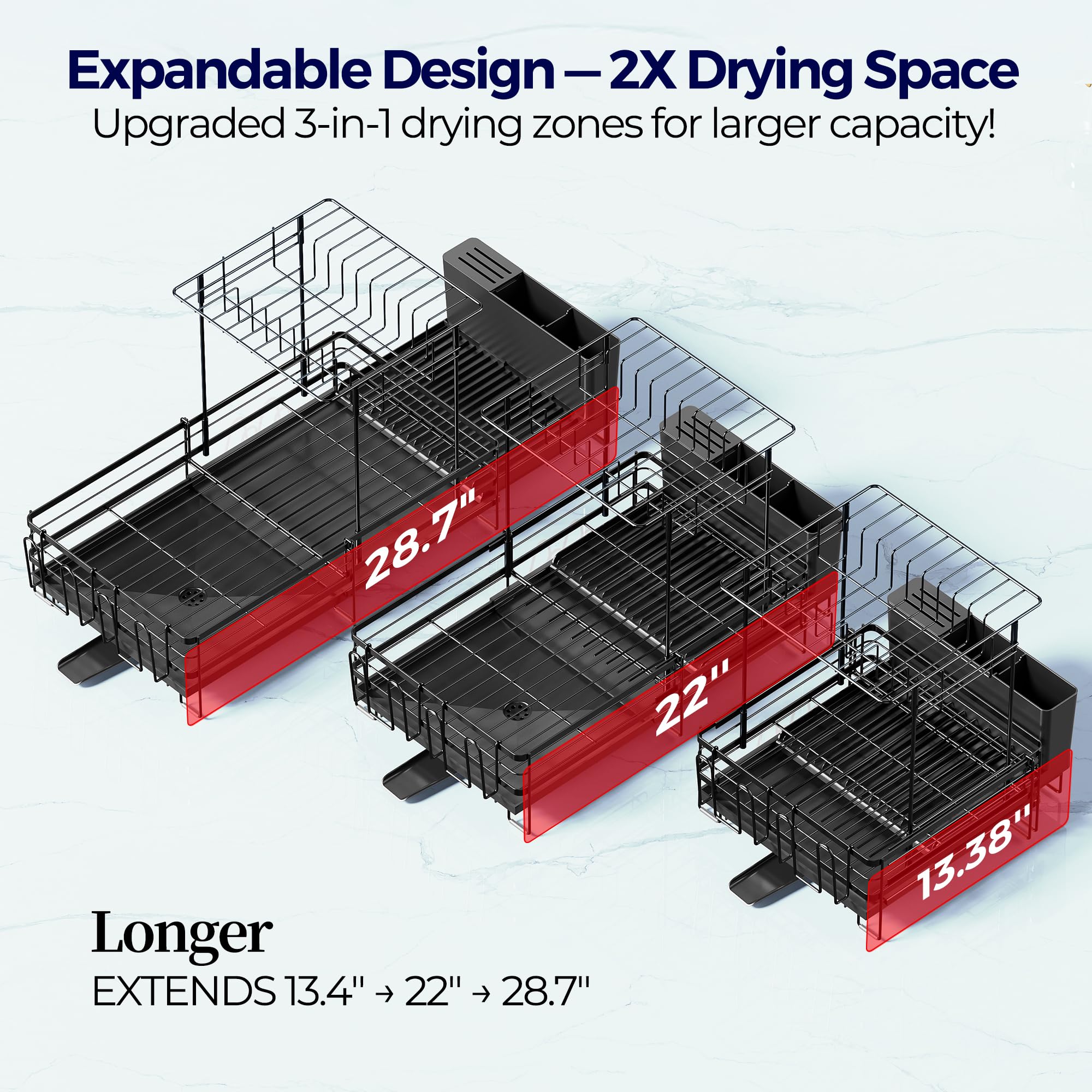 Large Dish Drying Rack, Expandable Dish Rack for Kitchen Counter, Upgraded Dish Drainer with Drainboard Set, Multifunctional Dishrack with Utensil Holder & Cup Holder, 13.4"-28.7" L x 11.8" W