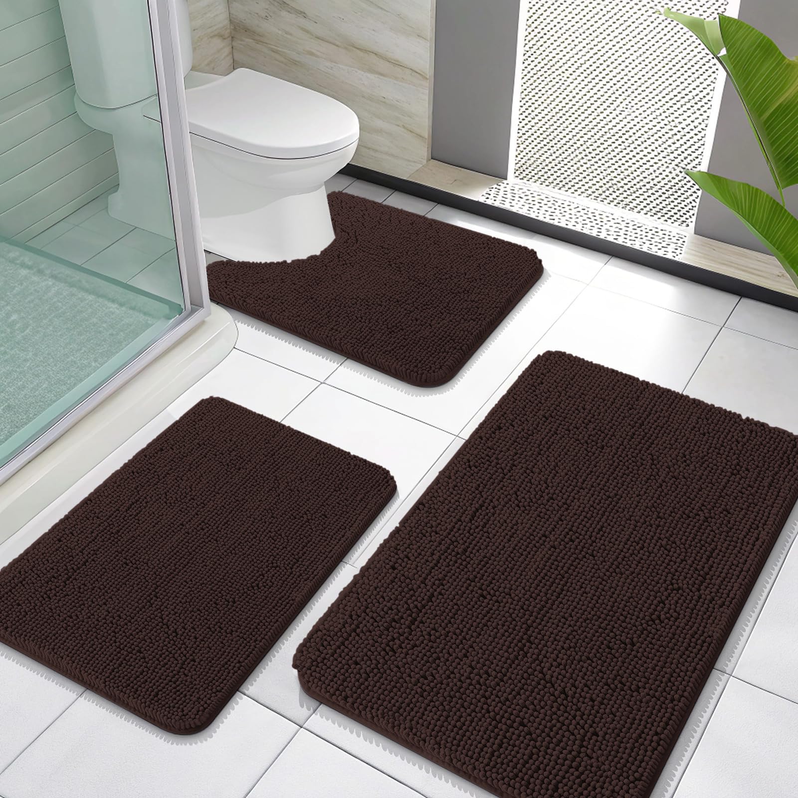 OLANLY Bathroom Rugs Sets 3 Piece, Soft Absorbent Chenille Bath Mats and U-Shaped Contour Toilet Rug, Quick Dry, Home Decor Accessories, Bath Mat Set for Bathroom (30"x20"+24"x16"+24"x20", Grey)