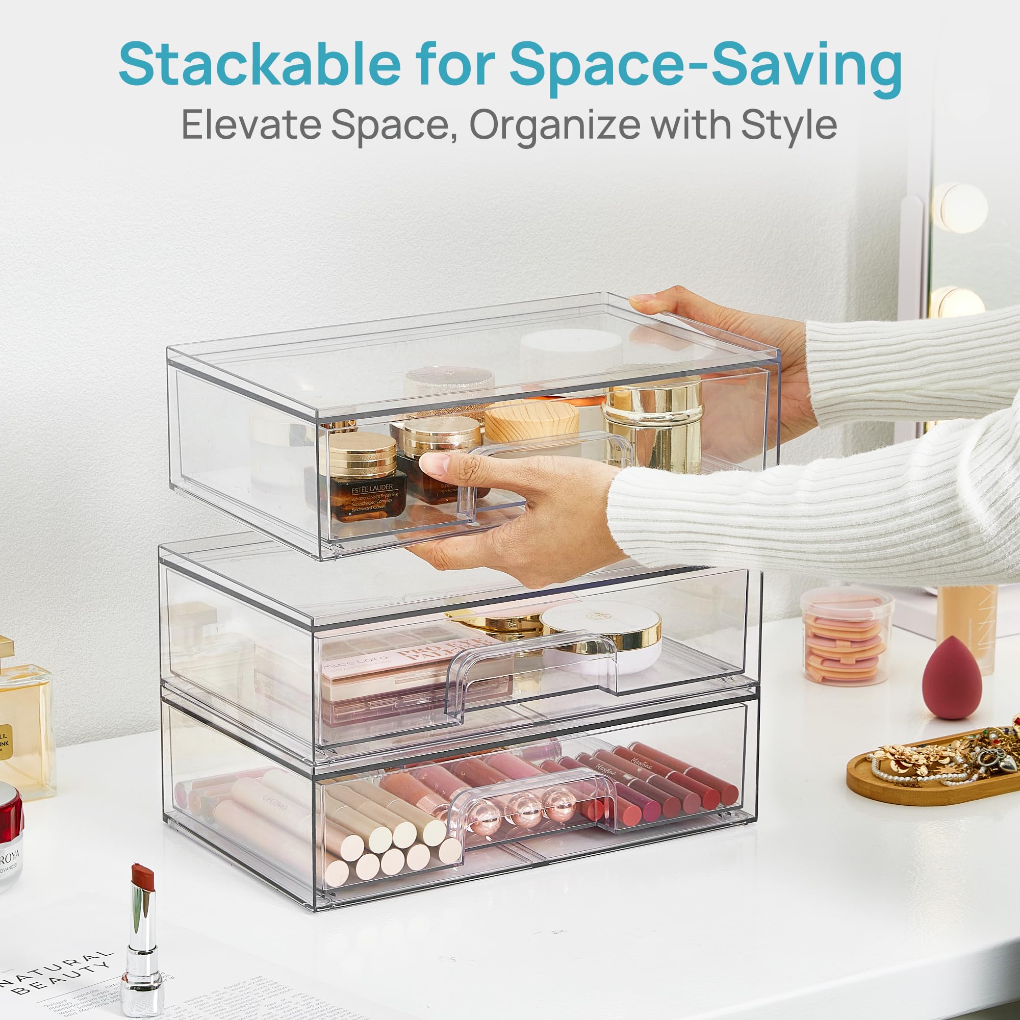 Vtopmart 12.1''W Clear Stackable Storage Drawers,2 Pack Acrylic Plastic Organizers Bins for Makeup Palettes, Cosmetics, and Beauty Supplies,Ideal for Vanity, Bathroom,Cabinet,Desk Organization
