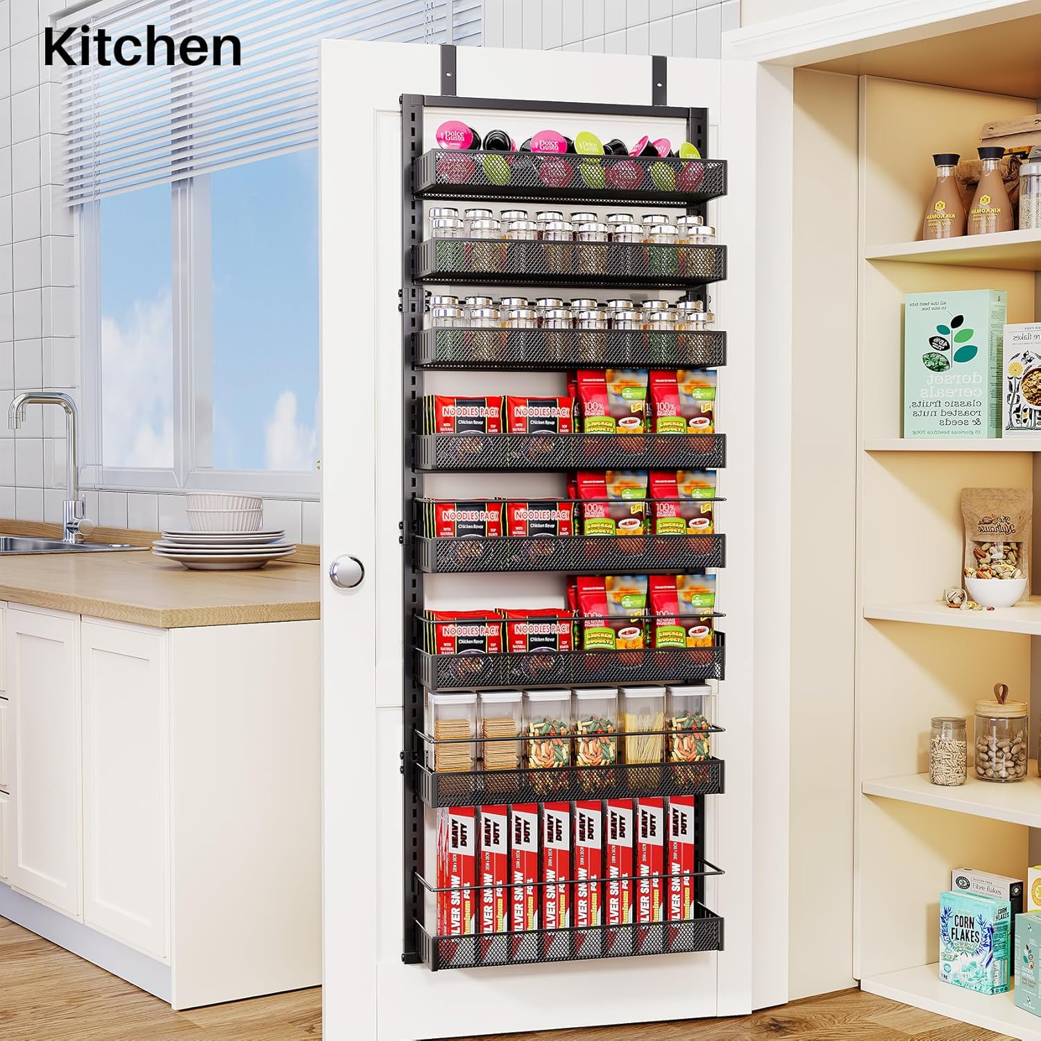 SNTD 8 Tiers Over the Door Organizer - Height Adjustable Pantry Organizers and Storage with Dense Mesh Baskets, Anti-Swing Hanging Door Spice Rack for Kitchen Bathroom (Black, 17" W x 6" D x 69" H)