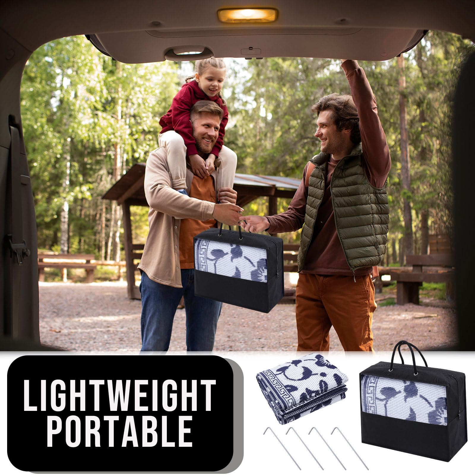 OLANLY Waterproof Outdoor Rug 5x8 ft, Outdoor Plastic Straw Rug with Flower Pattern, Reversible RV Mat for Patio, Camping, Balcony, Deck, Backyard, Navy & White