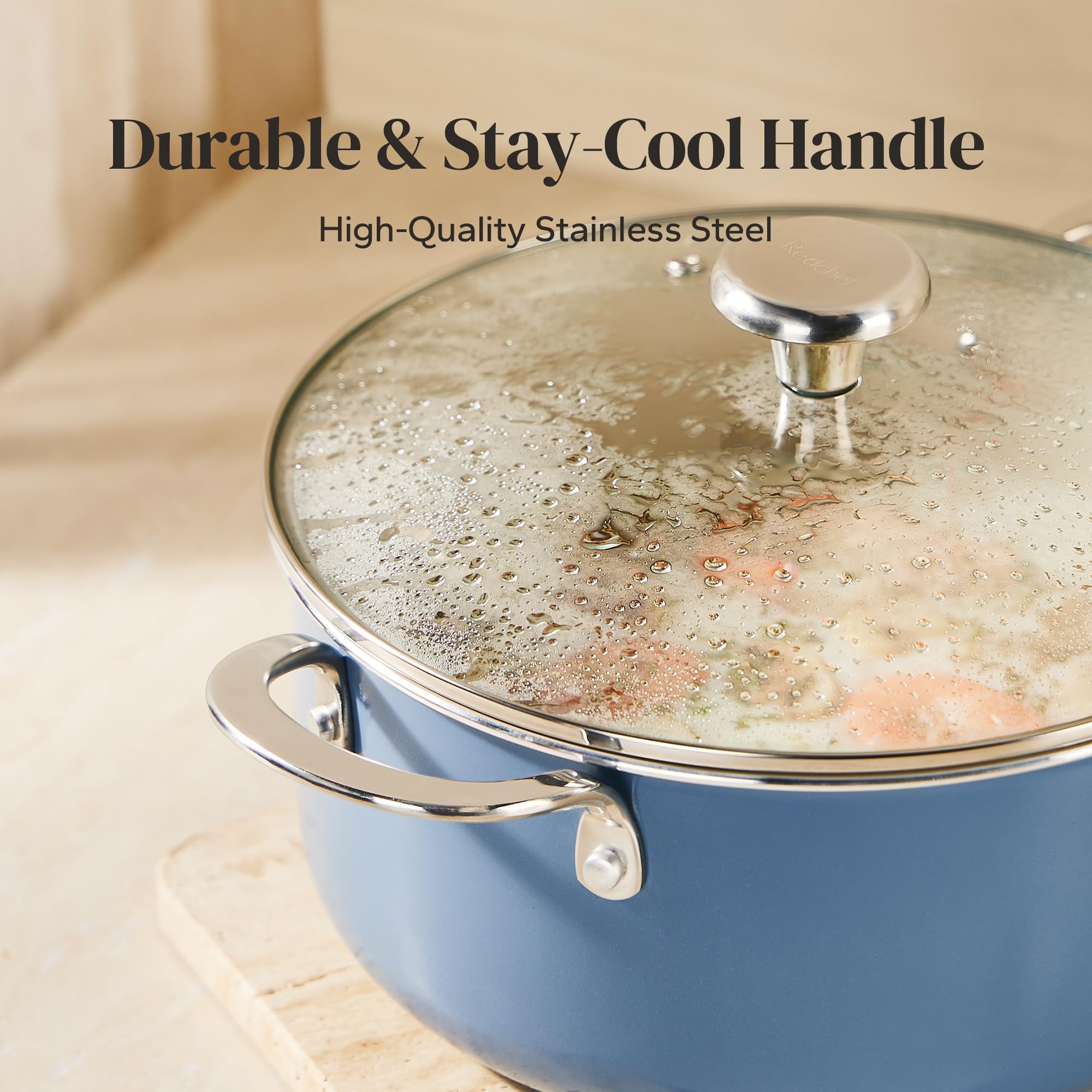 Redchef Ceramic Stock Pot with Lid, Soup Pot for All Stoves, 5 Qt Induction Cooking Pot for Soup Nonstick, Even Heating, Stay-Cool Handles, Oven/Dishwasher Safe, PTFE PFAS Free (Beige)