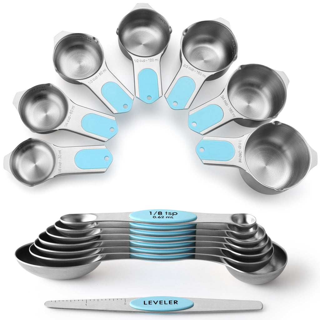 Spring Chef Magnetic Measuring Cups & Spoons Set, Patented, Strong N45 Magnets, Heavy Duty Stainless Steel Fits in Spice Jars for Baking & Cooking, BPA Free, Round Set of 15 with Leveler, Black