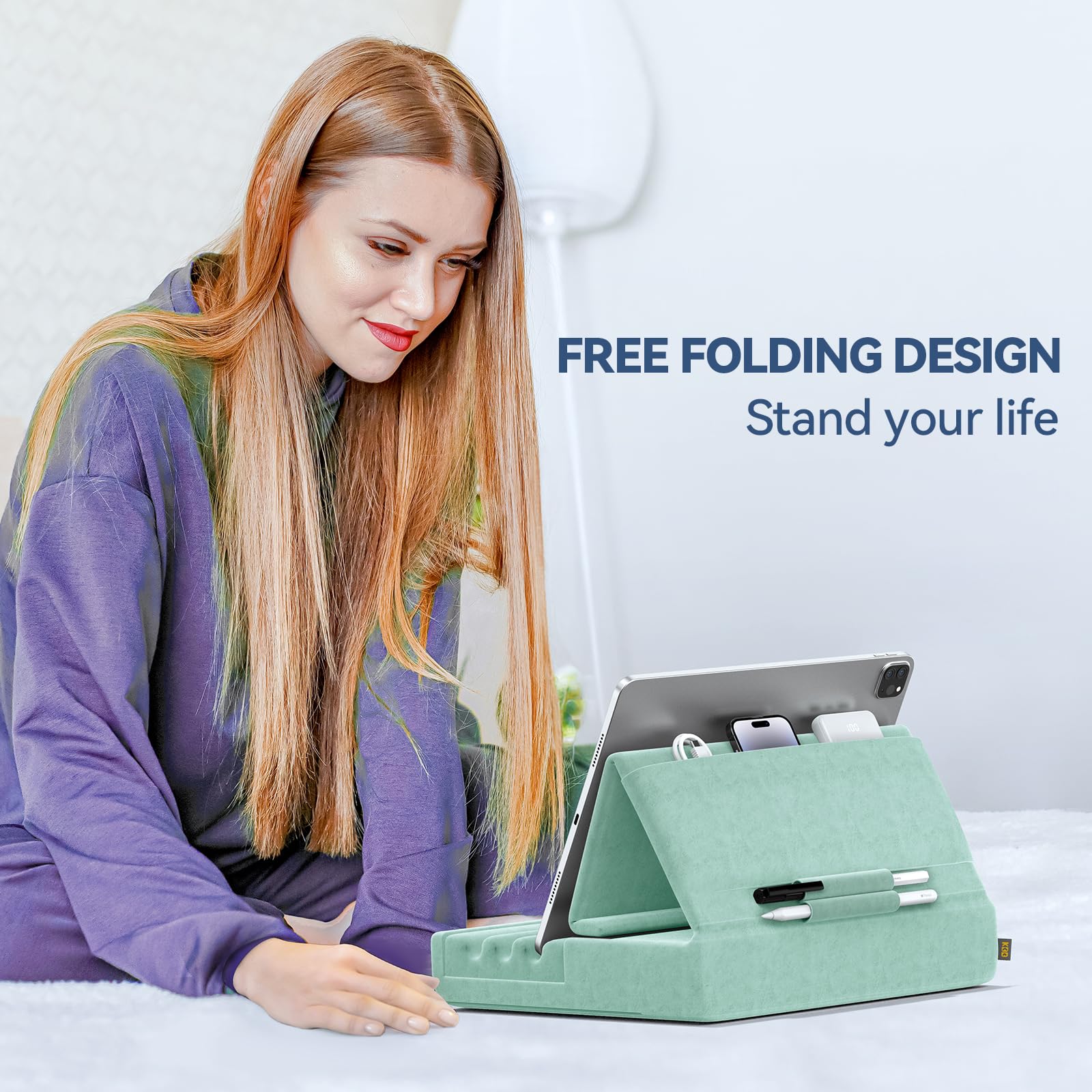 KDD Tablet Pillow Holder, Foldable iPad Stand for Lap, Bed and Desk -Tablet Soft Pad Dock with Pocket & Stylus Mount Compatible with iPad Pro 12.9, 10.5, 9.7 Air Mini 6 5 4 3, Galaxy Tab,E-Reader