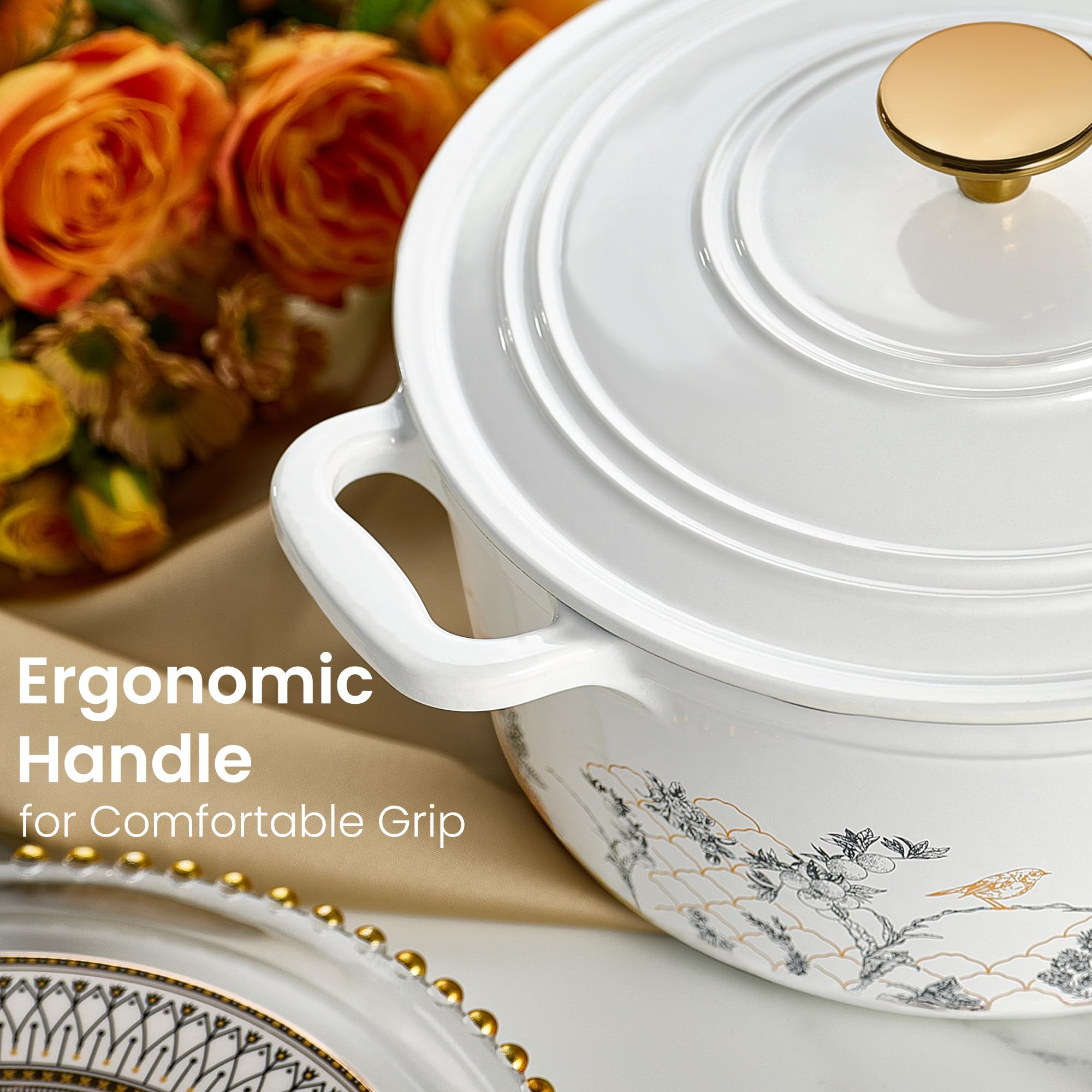 CAROTE 5 QT Cast Iron Dutch Oven Pot with Lid, Enameled Floral Dutch Ovens with Cotton Potholders & Oven Gloves, Gift Box, Cast Iron Pot for Sourdough Bread Baking, Braising, Stews, Roasting, Dual Handles, All Stovetop Compatible, Oven Safe up to 500° F,
