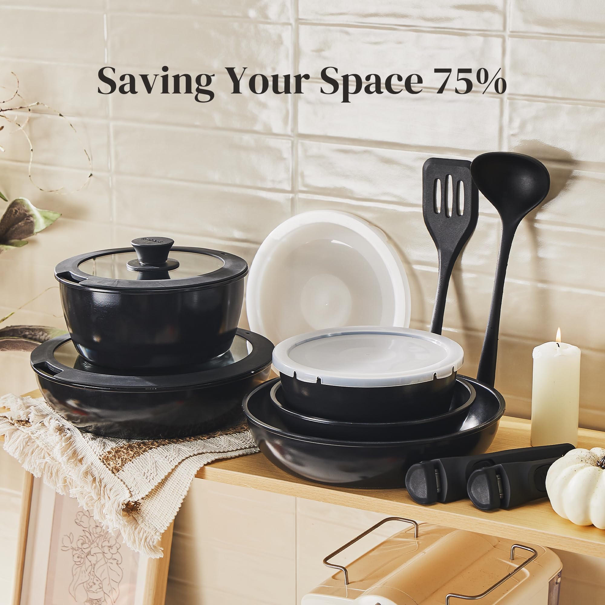 Redchef Ceramic Pots and Pans Set, Nonstick Kitchen Cookware Set with Detachable Handle, Non Toxic Cookware Set 16pcs, PFAS PFOA & PTFE Free, RV Ceramic Cookware for Camping, Dishwasher/Oven Safe