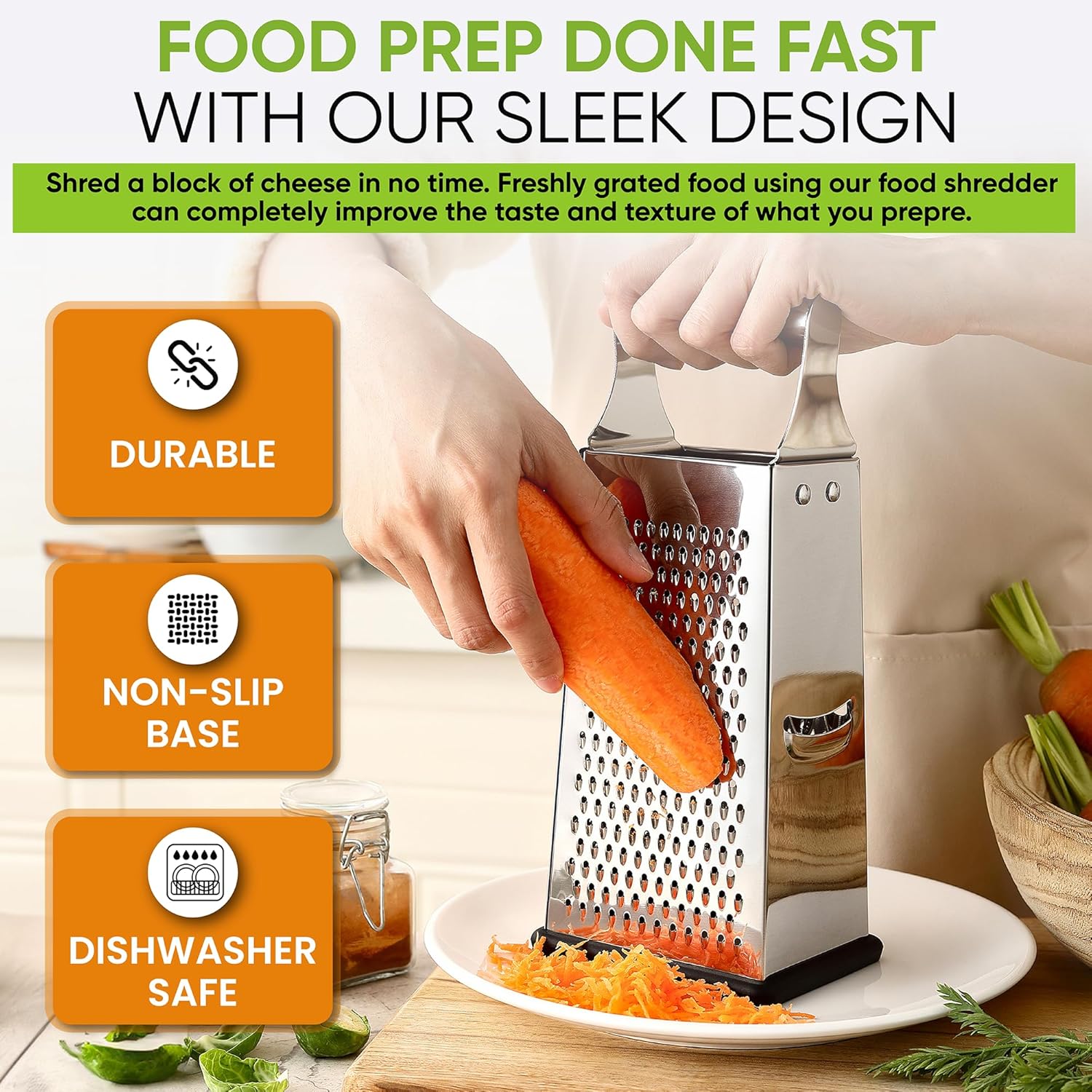 Spring Chef Professional Large Parmesan Cheese Grater, Stainless Steel Metal Box Grater with Handle, 4 Sided Handheld Kitchen Food Shredder for Cheese, Carrot, Veggie, Ginger, Potato - Dishwasher Safe