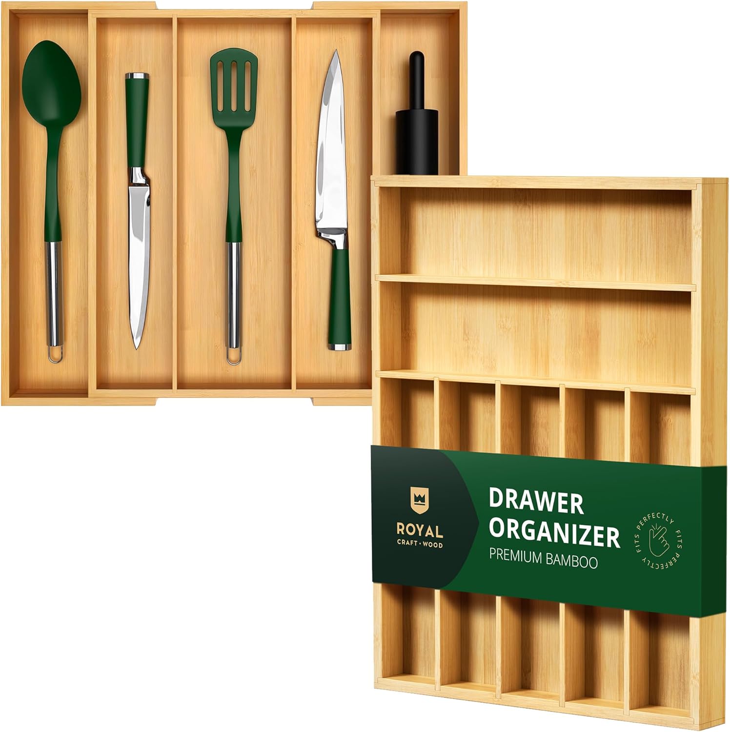 ROYAL CRAFT WOOD Luxury Bamboo Kitchen Drawer Organizer - Silverware Organizer - Utensil Holder and Cutlery Tray with Grooved Drawer Dividers for Flatware and Kitchen Utensils