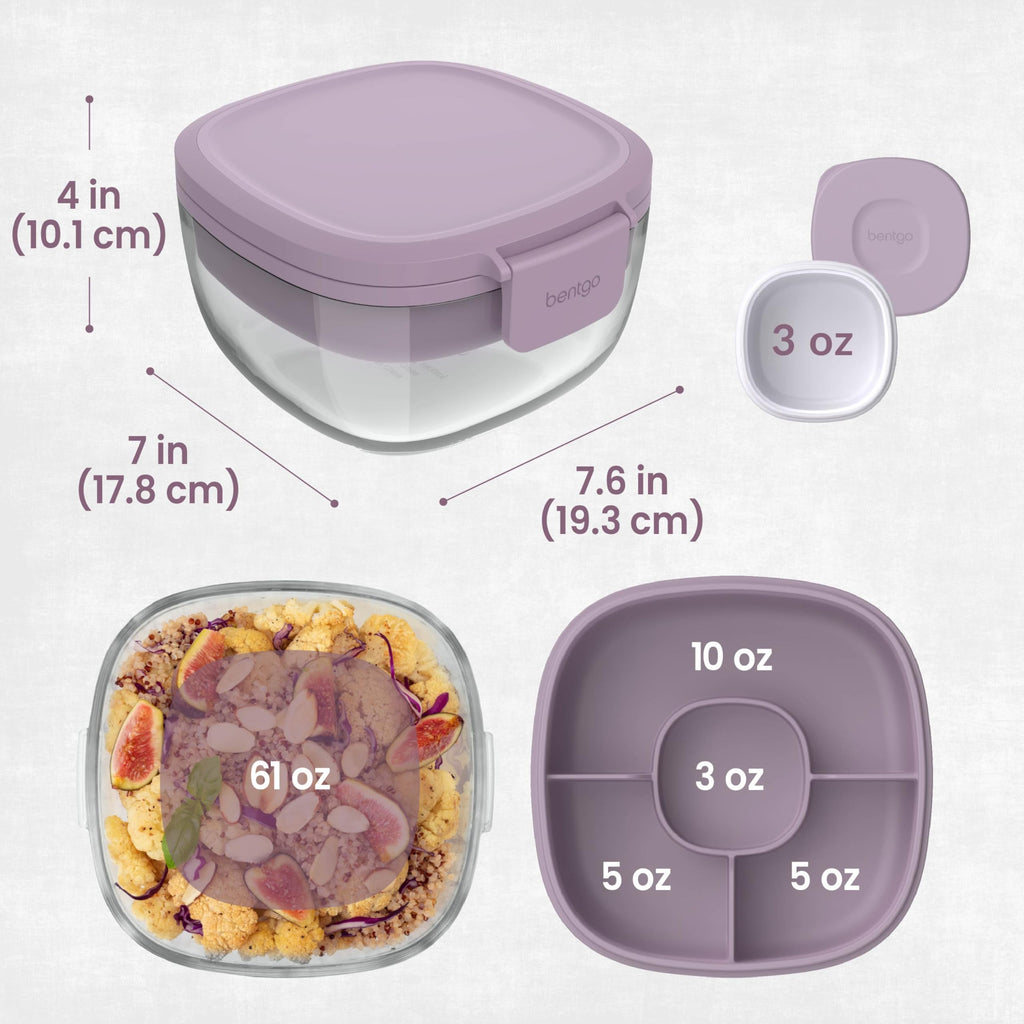 Bentgo Glass Salad Container - 7.6-Cup Salad Bowl with Airtight Lid, Leak-Proof Sauce Container, 4-Compartment Bento Tray & Reusable Fork - BPA-Free for Meal Prep, Office & More (Lavender)